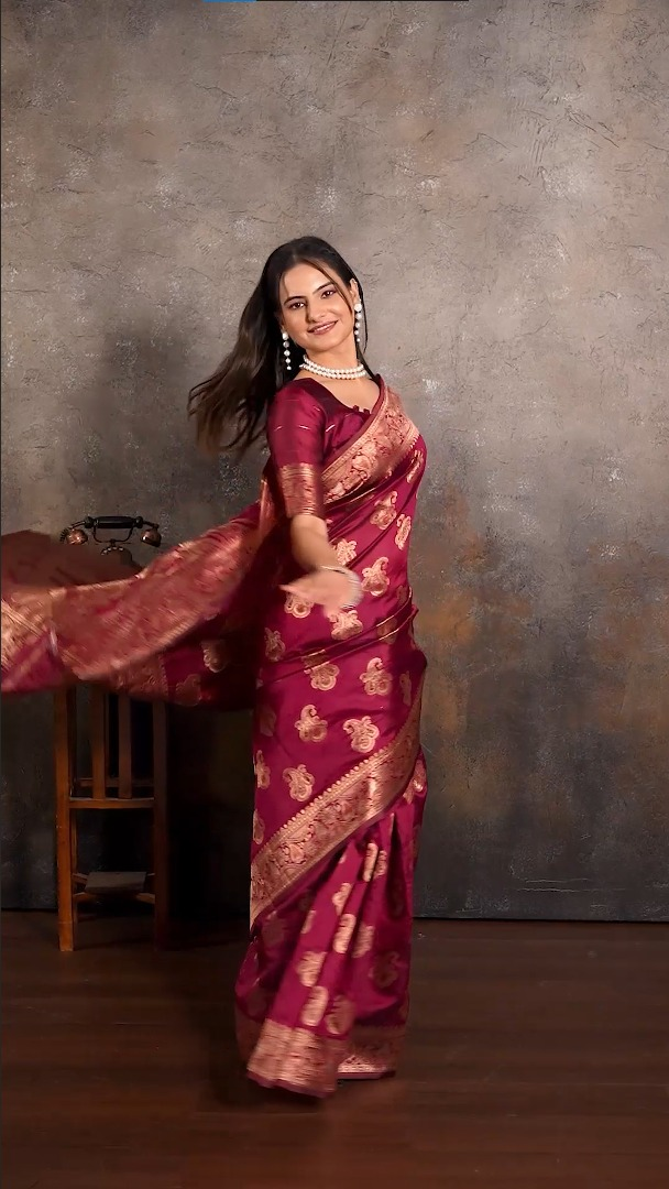 Amolika Sarees Premium Wine Magic Silk Saree With Rich Zari Border & Unstitched Blouse