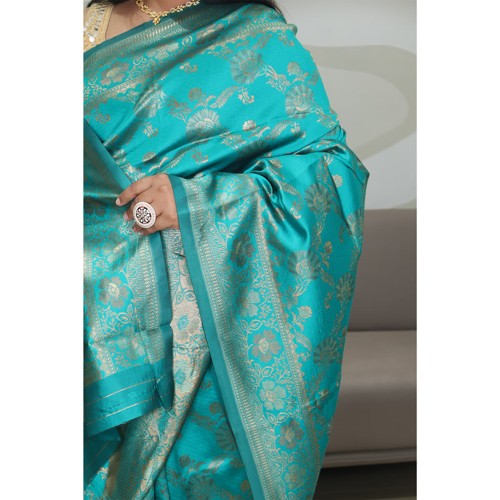 Amolika Sarees Banarasi Silk Teal Blue Saree With Rich Zari Weaving | Unstitched Blouse Included