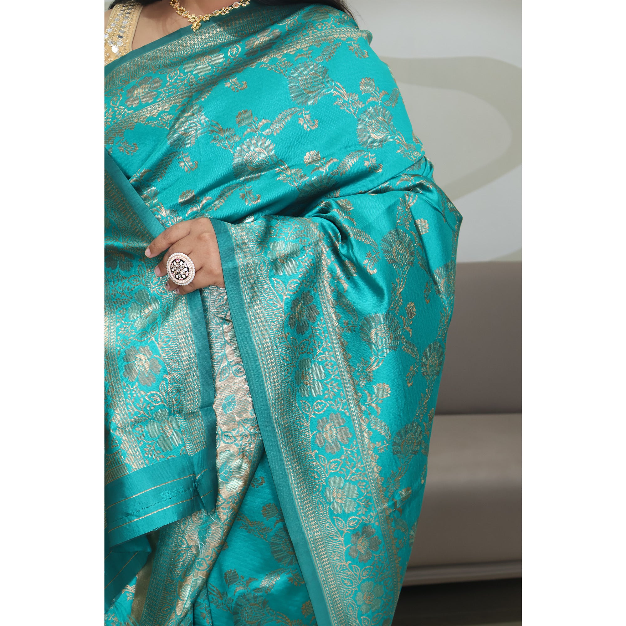 Amolika Sarees Banarasi Silk Teal Blue Saree With Rich Zari Weaving | Unstitched Blouse Included