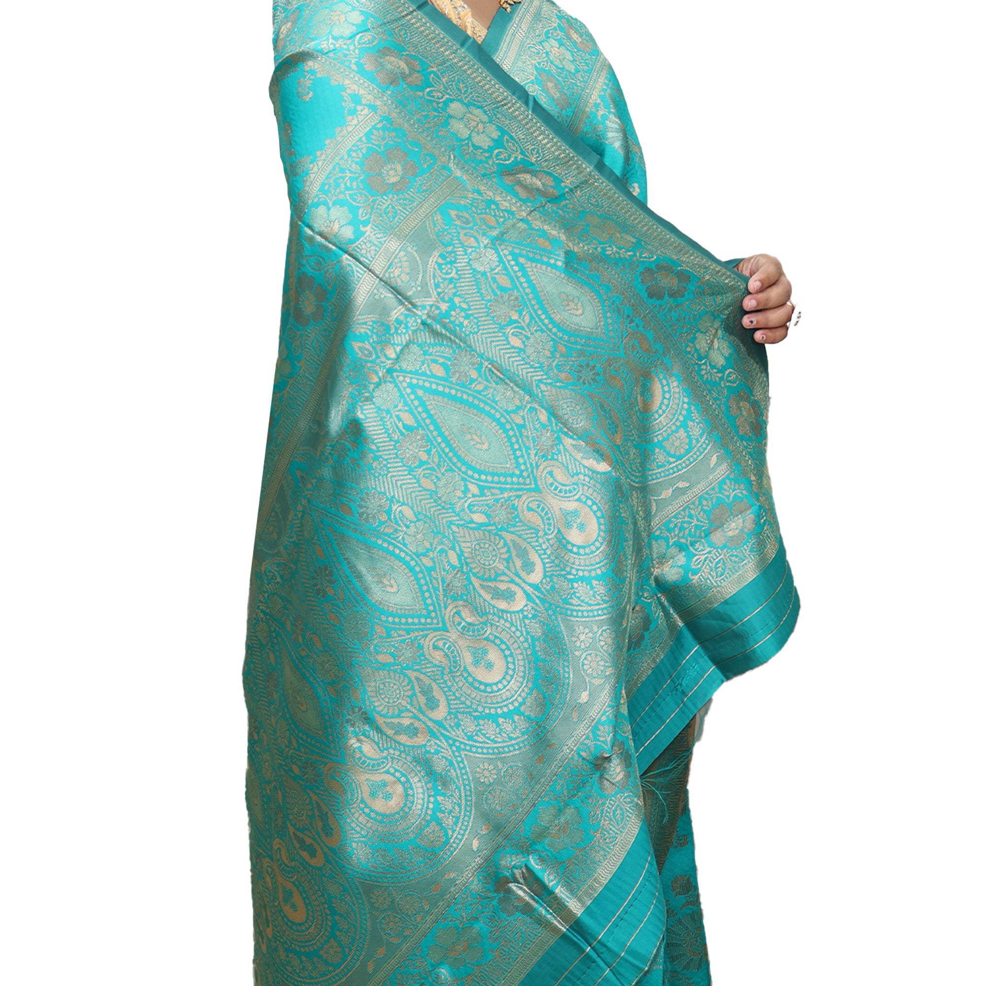 Amolika Sarees Banarasi Silk Teal Blue Saree With Rich Zari Weaving | Unstitched Blouse Included