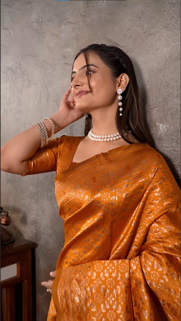Amolika Sarees Magic Silk Saree Orange With Heavy Zari Woven Border & Unstitched Blouse Piece Party Wear