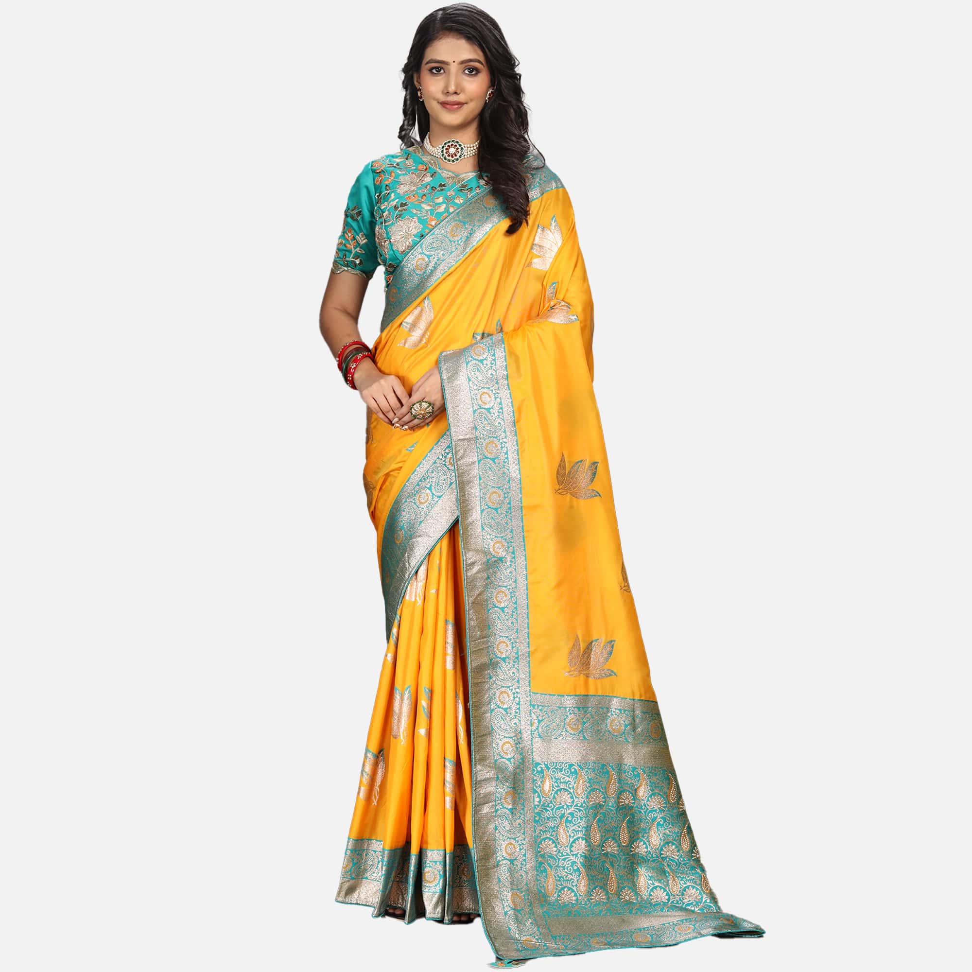 Amolika Sarees Mustard & Green Silk Saree With Fully Stitched Contrast Blouse & Extra Unstitched Blouse Fabric
