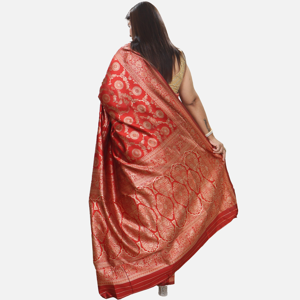 Amolika Sarees Pure Banarasi Red Silk Sarre With Intricate Gold Zari Weaving & Classic Motifs