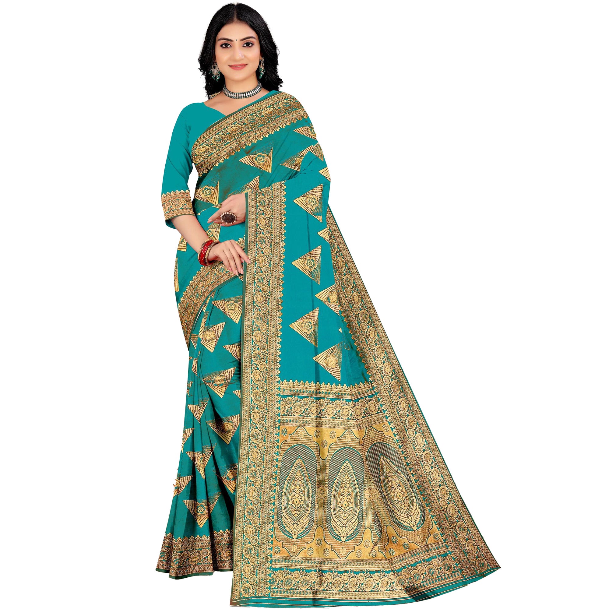 Amolika Sarees Sky Blue Banarasi Silk Saree With Exclusive Zari Pattern & Unstitched Blouse