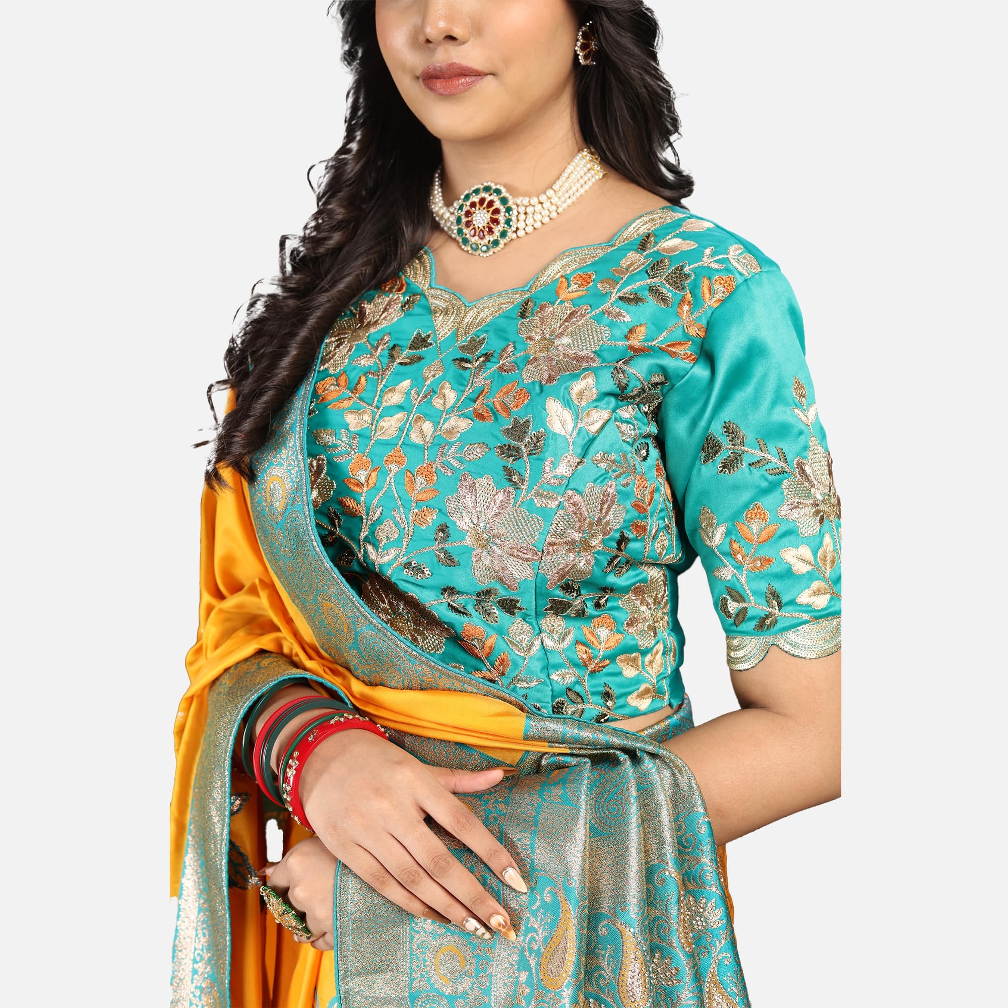 Amolika Sarees Mustard & Green Silk Saree With Fully Stitched Contrast Blouse & Extra Unstitched Blouse Fabric