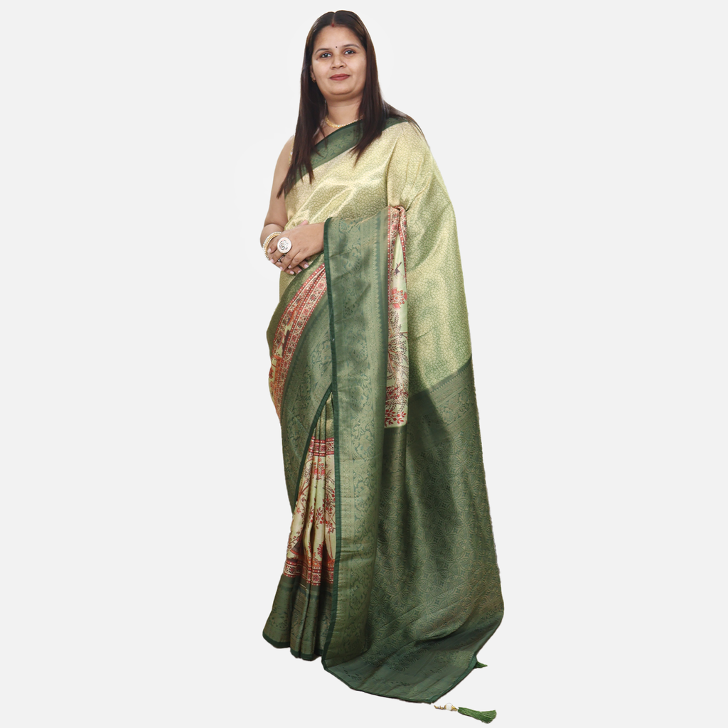 Amolika Sarees Graceful Green Soft Silk Saree With Elegant Digital Prints & Unstitched Blouse Piece