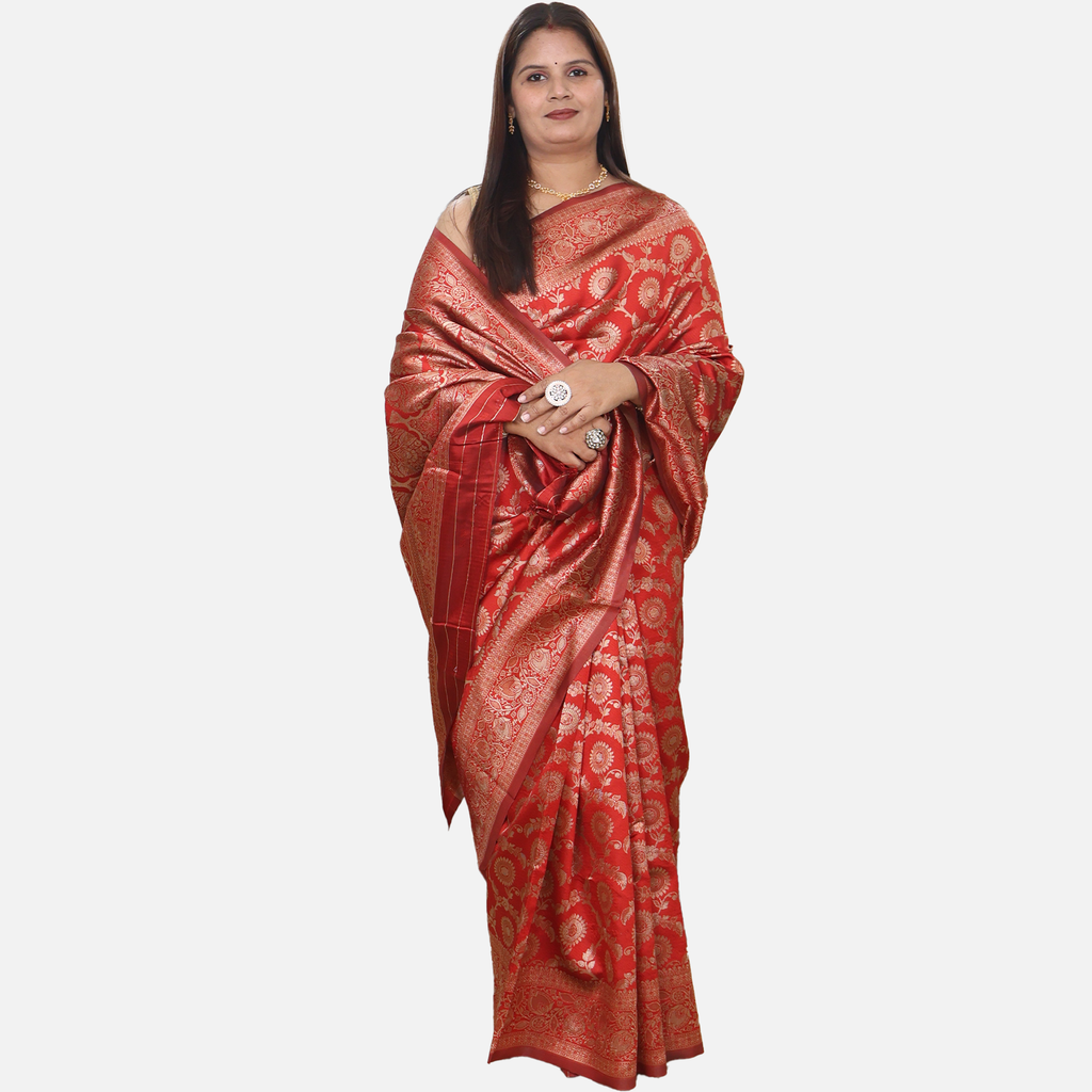 Amolika Sarees Pure Banarasi Red Silk Sarre With Intricate Gold Zari Weaving & Classic Motifs