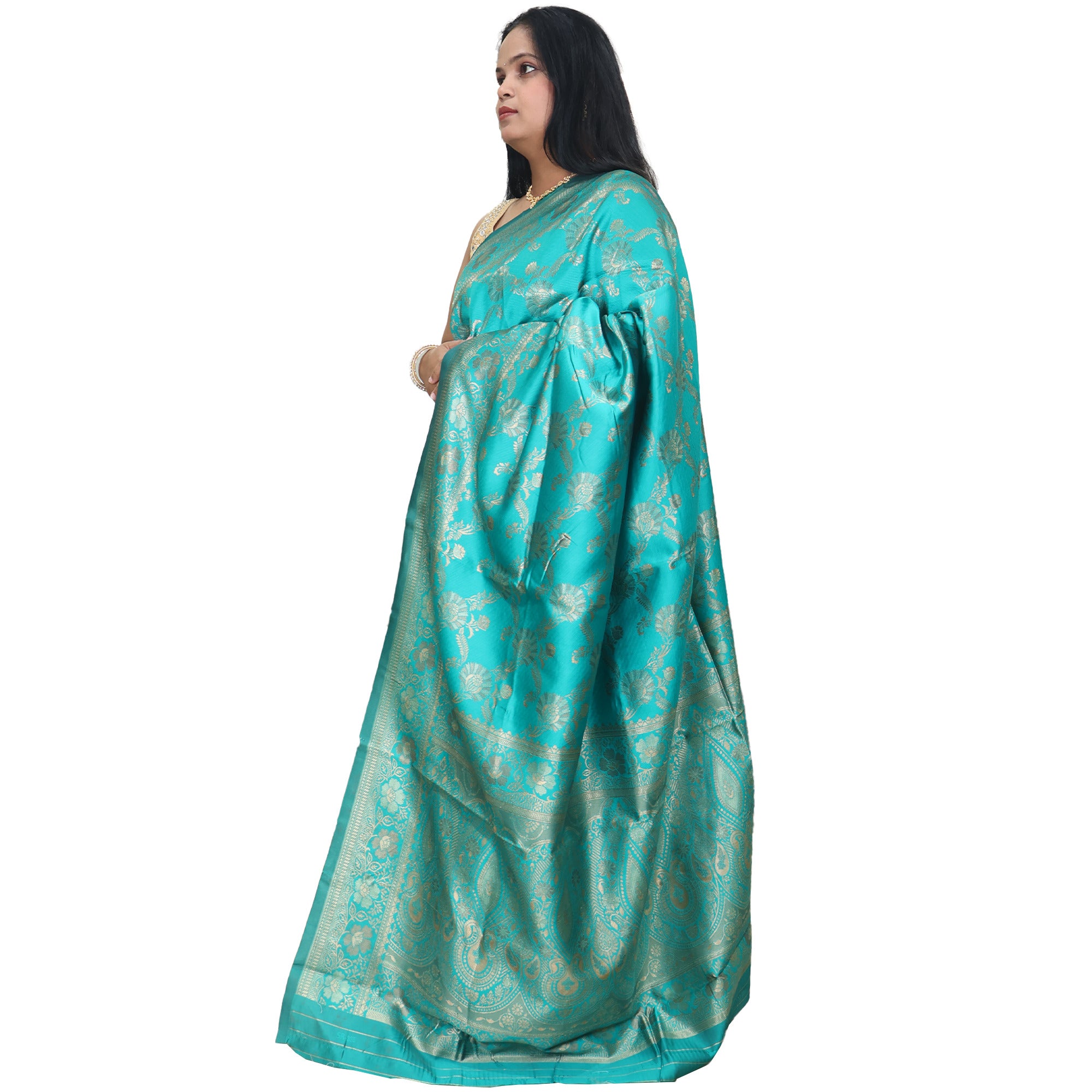 Amolika Sarees Banarasi Silk Teal Blue Saree With Rich Zari Weaving | Unstitched Blouse Included