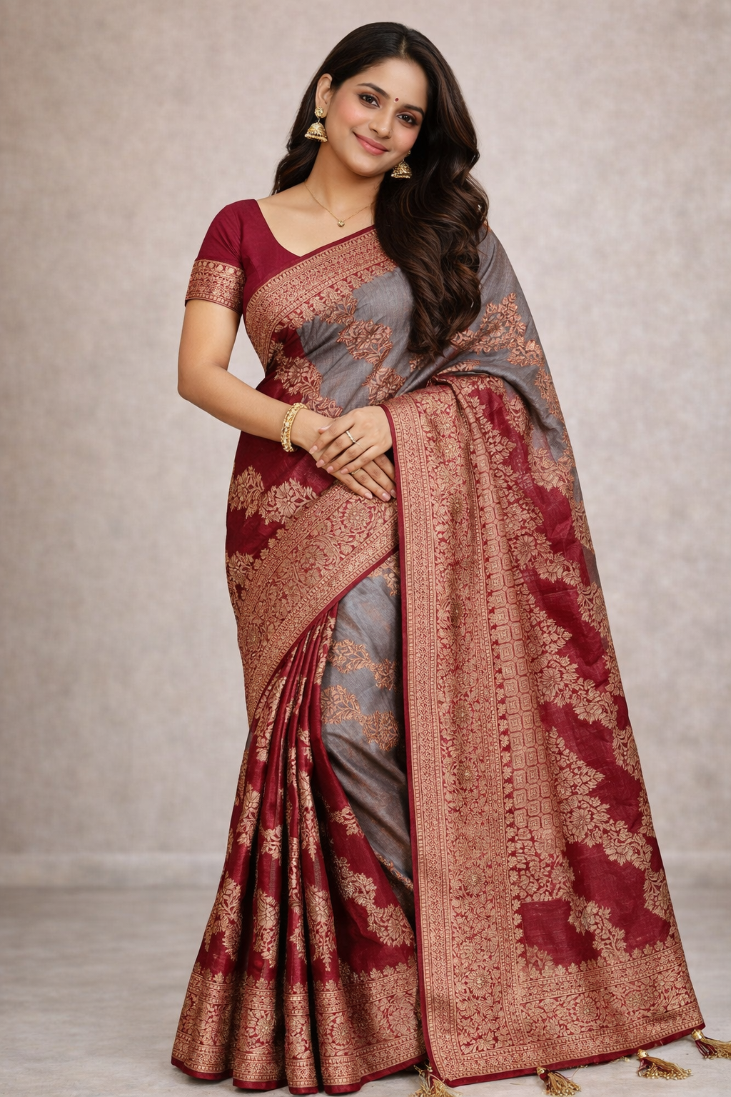 Amolika Sarees Festive Wear Banarasi RO Silk Saree With Floral Zari Motifs – Maroon & Grey With Unstitched Blouse