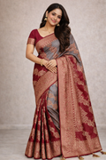 Amolika Sarees Festive Wear Banarasi RO Silk Saree With Floral Zari Motifs – Maroon & Grey With Unstitched Blouse