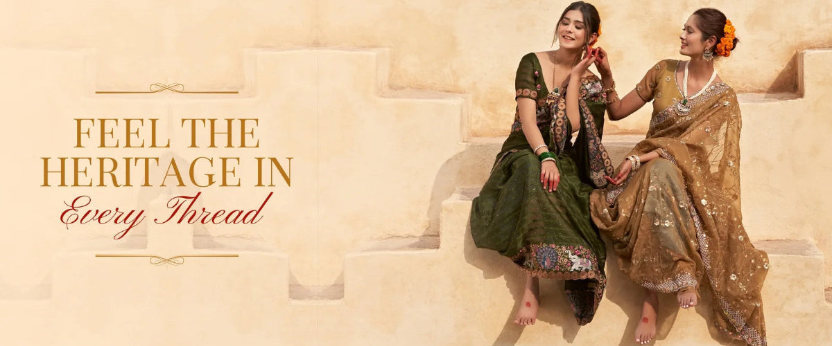 Two women in traditional attire sitting on steps with text about heritage.