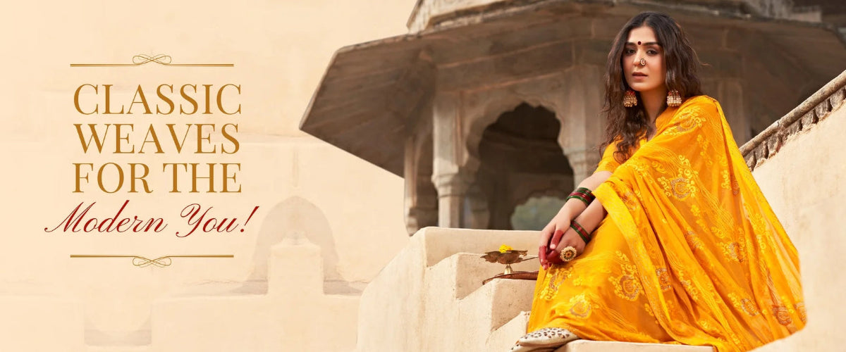 Woman in a yellow saree sitting on steps with text 'Classic Weaves for the Modern You!'