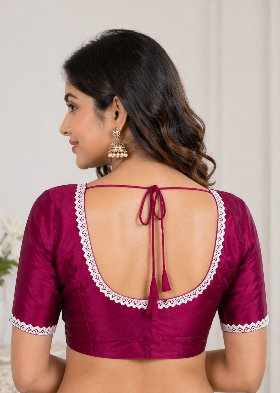 Magenta Dola Silk Designer Blouse By Amolika Sarees With Allover Lace & 21+ Inch Sleeves | Non-Padded