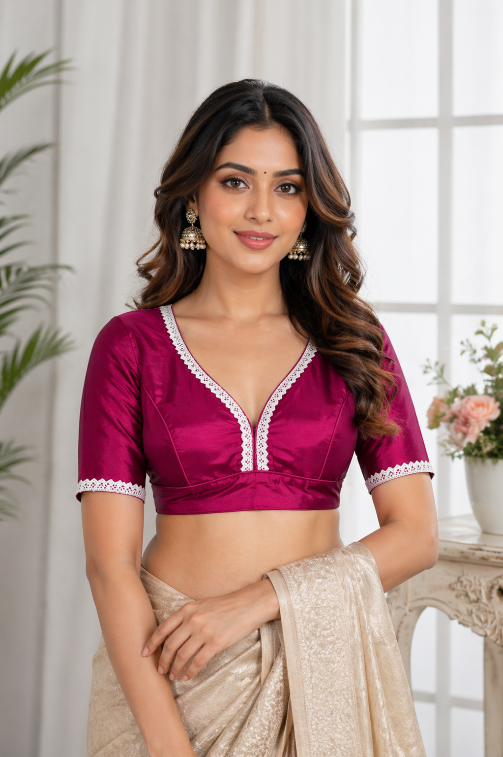 Magenta Dola Silk Designer Blouse By Amolika Sarees With Allover Lace & 21+ Inch Sleeves | Non-Padded
