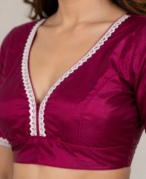 Magenta Dola Silk Designer Blouse By Amolika Sarees With Allover Lace & 21+ Inch Sleeves | Non-Padded
