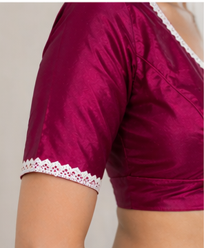 Magenta Dola Silk Designer Blouse By Amolika Sarees With Allover Lace & 21+ Inch Sleeves | Non-Padded