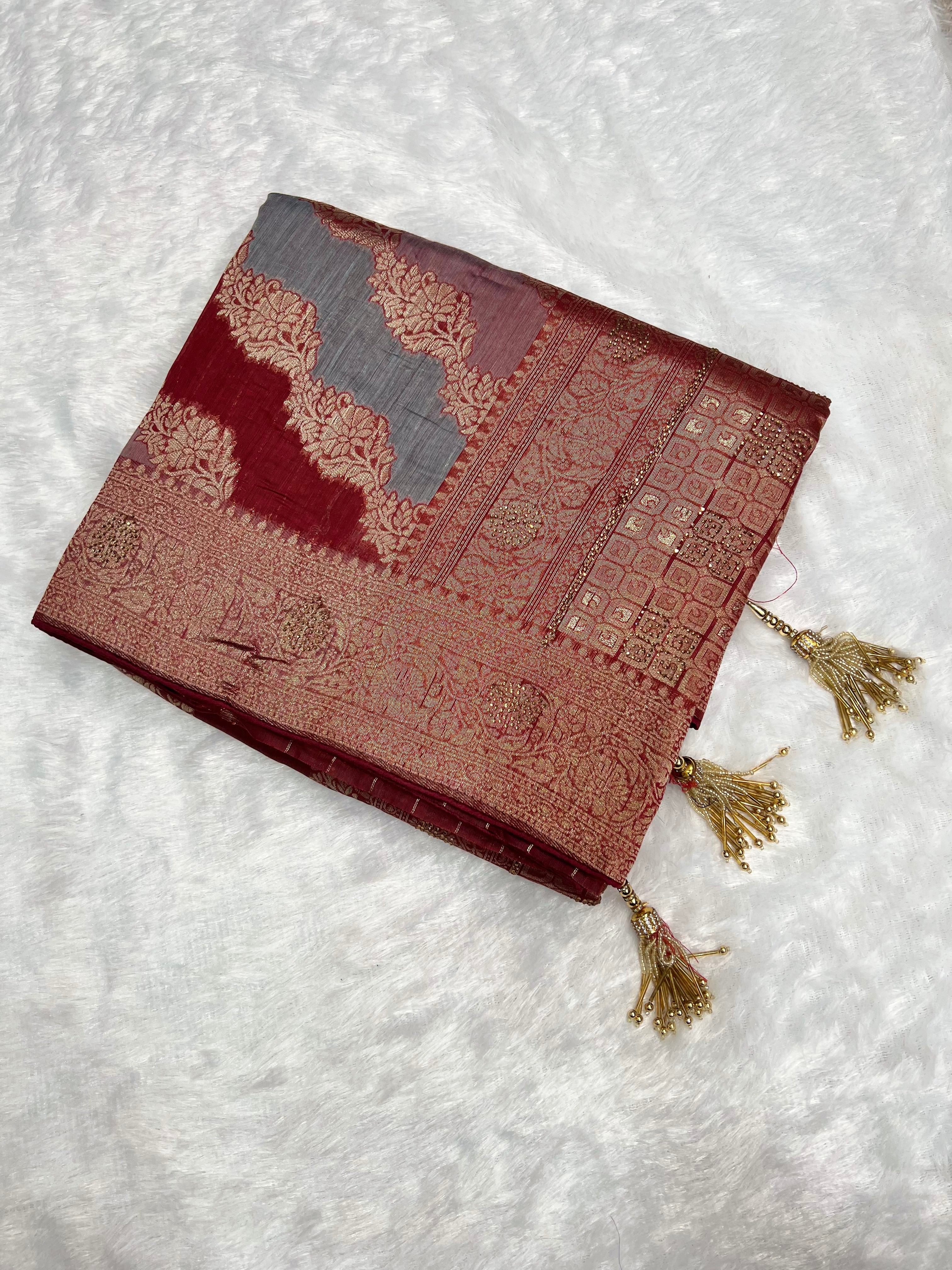 Amolika Sarees Festive Wear Banarasi RO Silk Saree With Floral Zari Motifs – Maroon & Grey With Unstitched Blouse