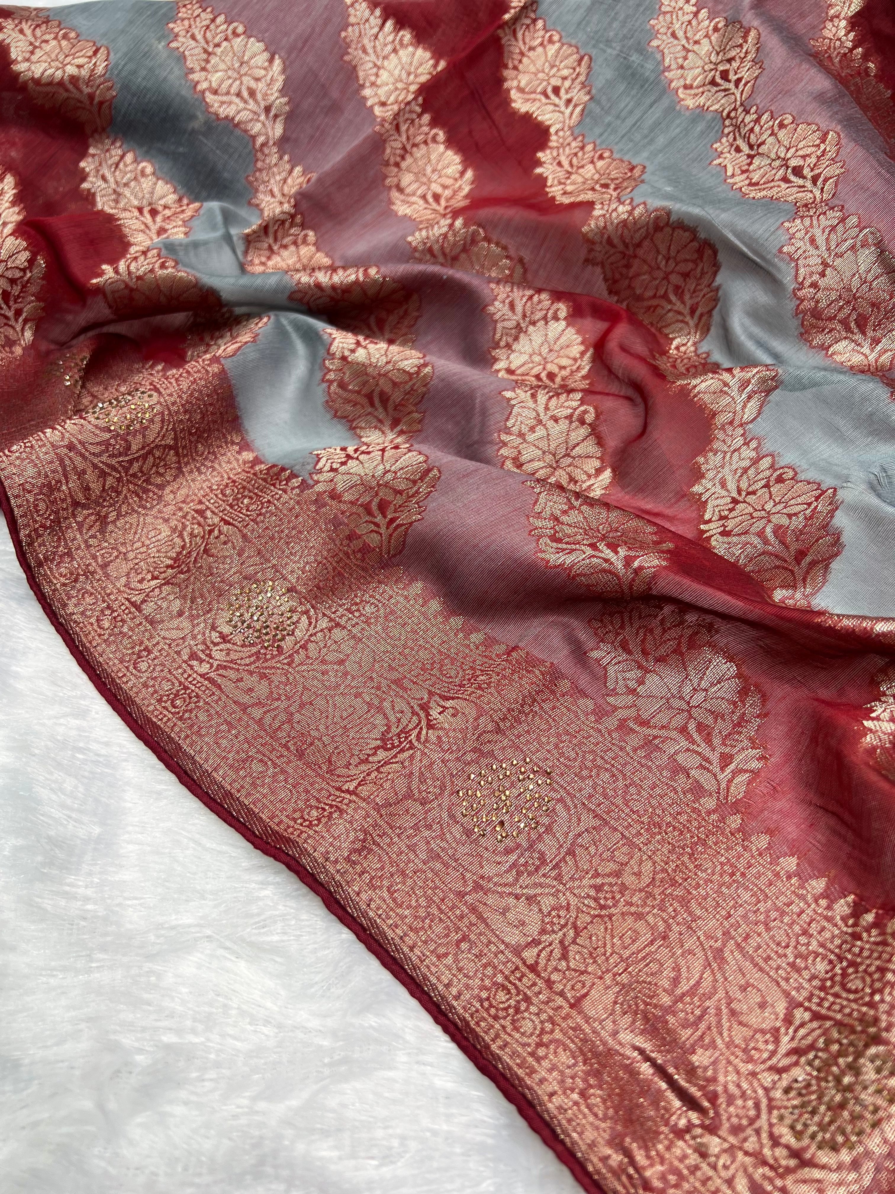 Amolika Sarees Festive Wear Banarasi RO Silk Saree With Floral Zari Motifs – Maroon & Grey With Unstitched Blouse