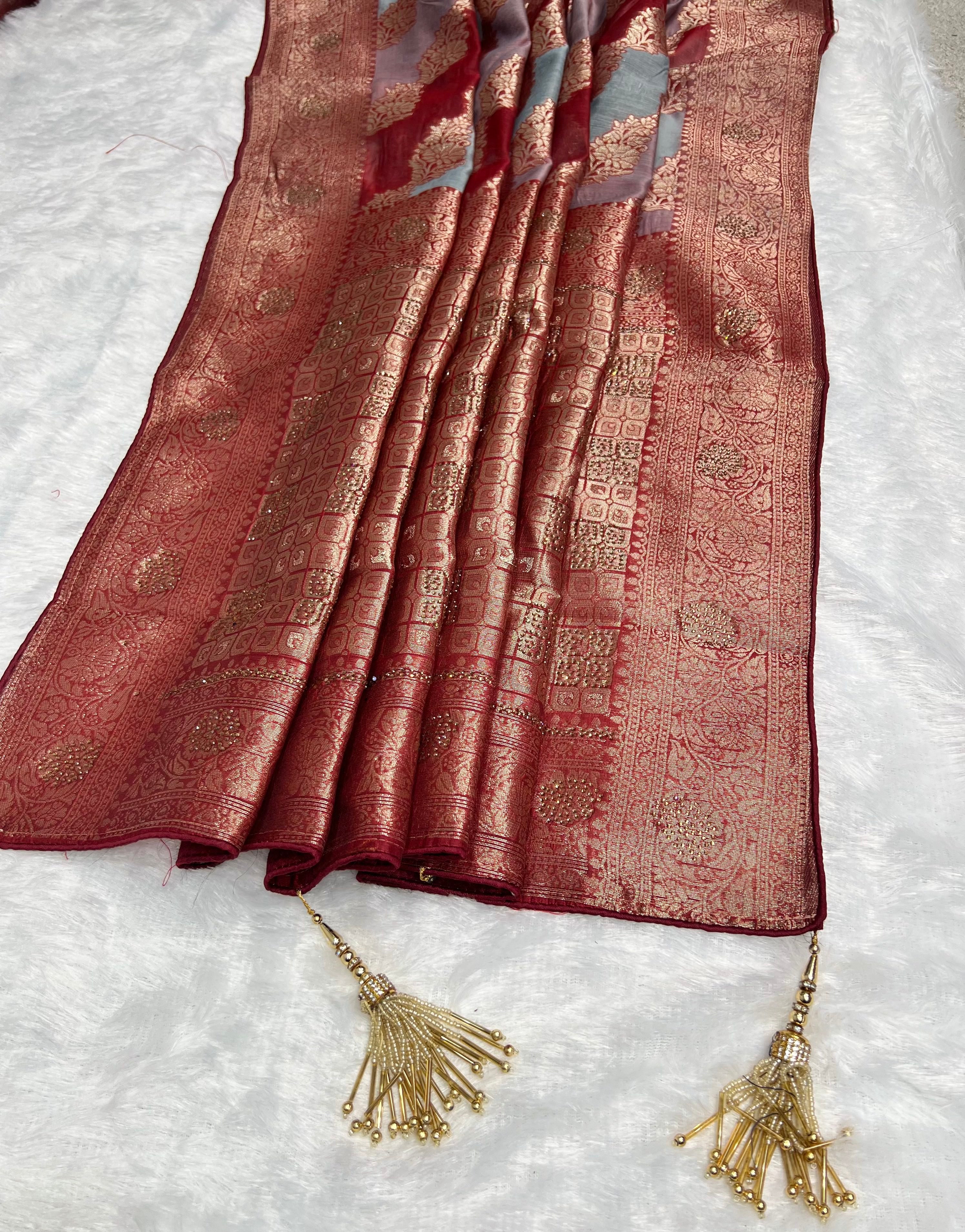 Amolika Sarees Festive Wear Banarasi RO Silk Saree With Floral Zari Motifs – Maroon & Grey With Unstitched Blouse