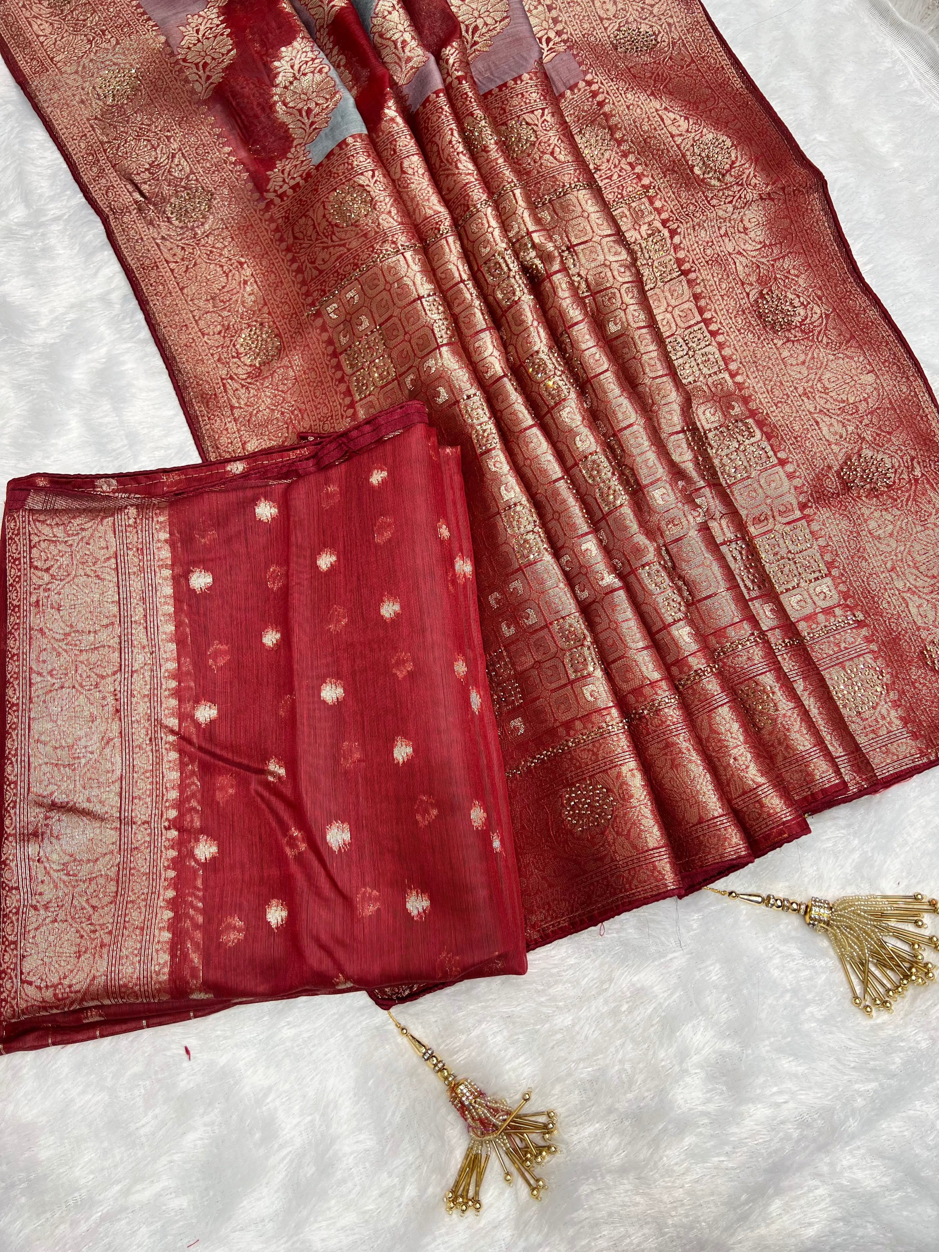 Amolika Sarees Festive Wear Banarasi RO Silk Saree With Floral Zari Motifs – Maroon & Grey With Unstitched Blouse