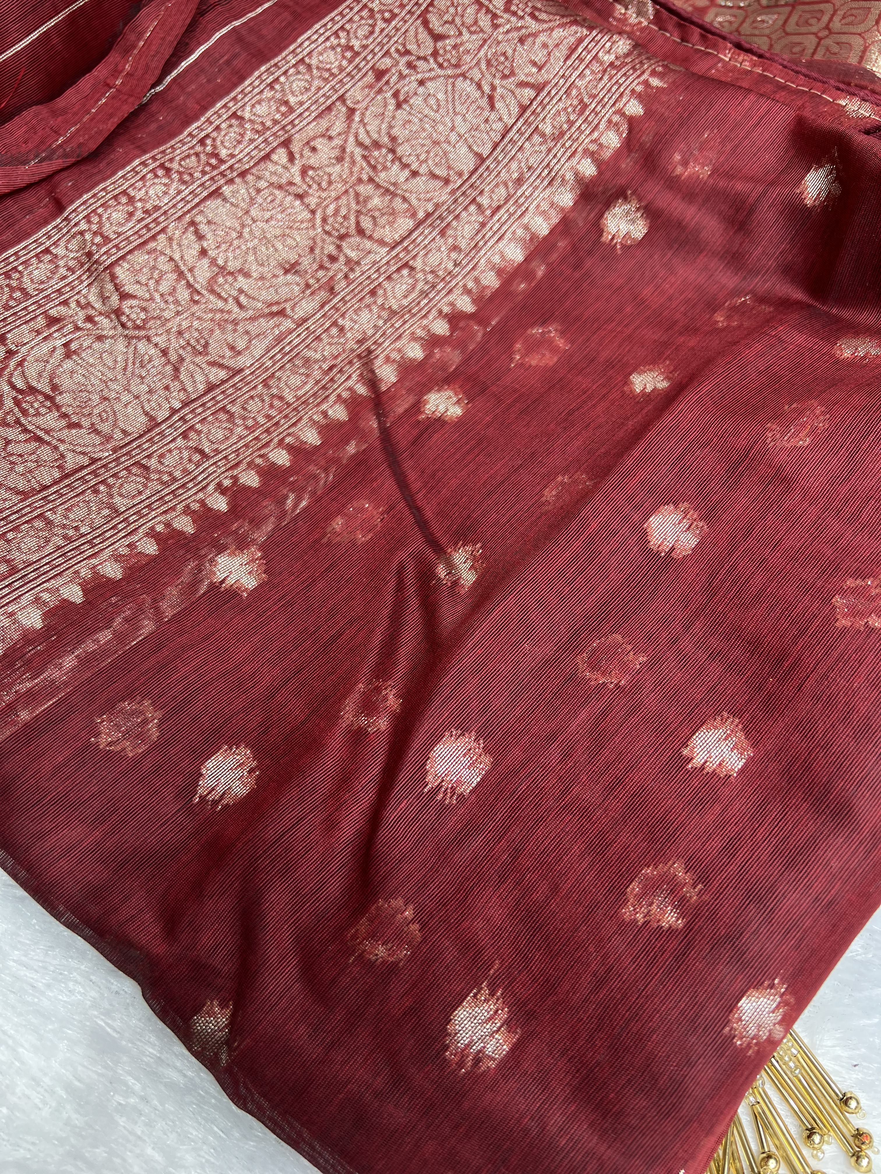 Amolika Sarees Festive Wear Banarasi RO Silk Saree With Floral Zari Motifs – Maroon & Grey With Unstitched Blouse