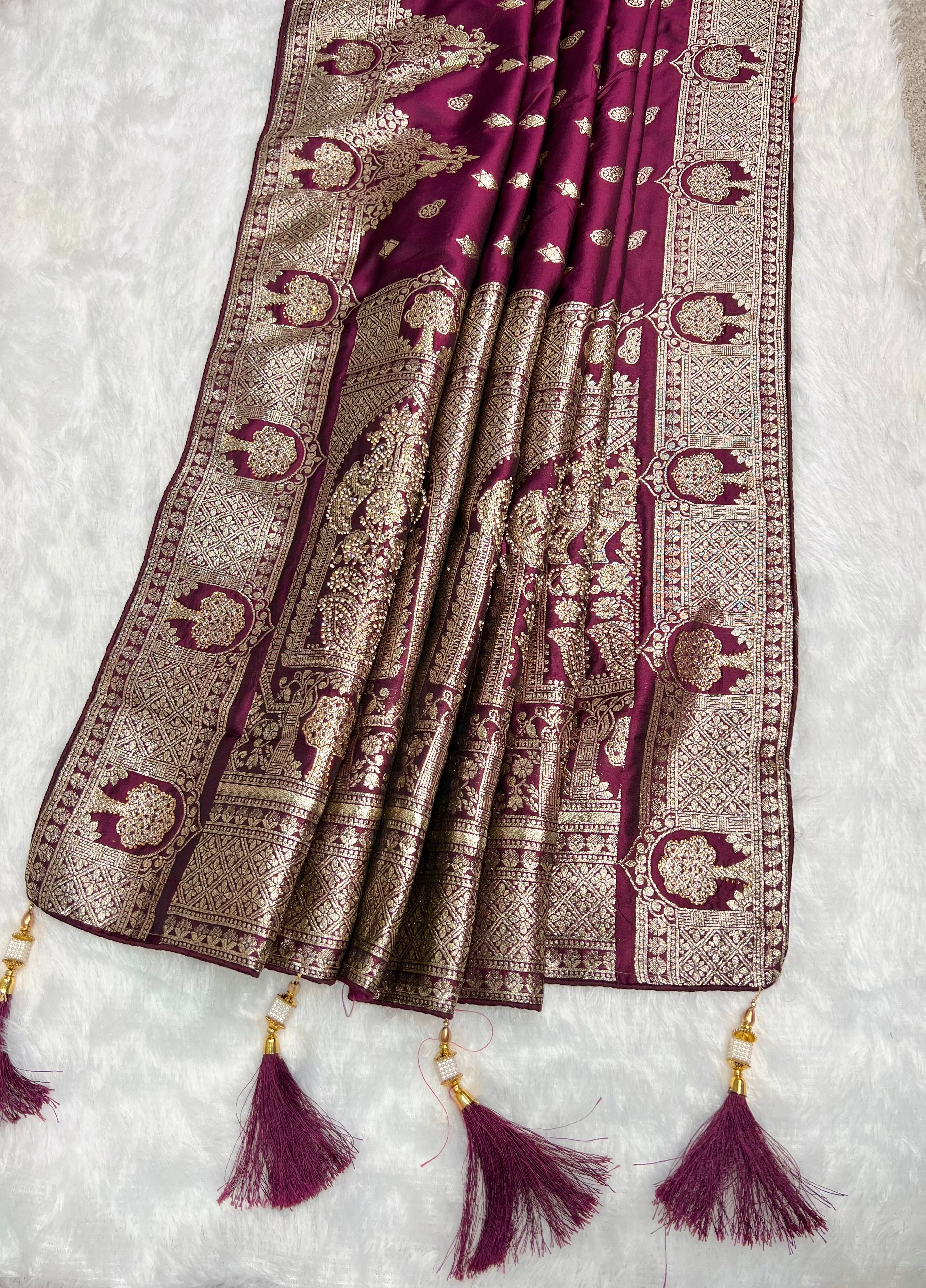 Amolika Wine Satin Zarkhan Saree With Swarovski Work & Rich Zari Border With Unstitched Blouse Piece – Wedding Wear