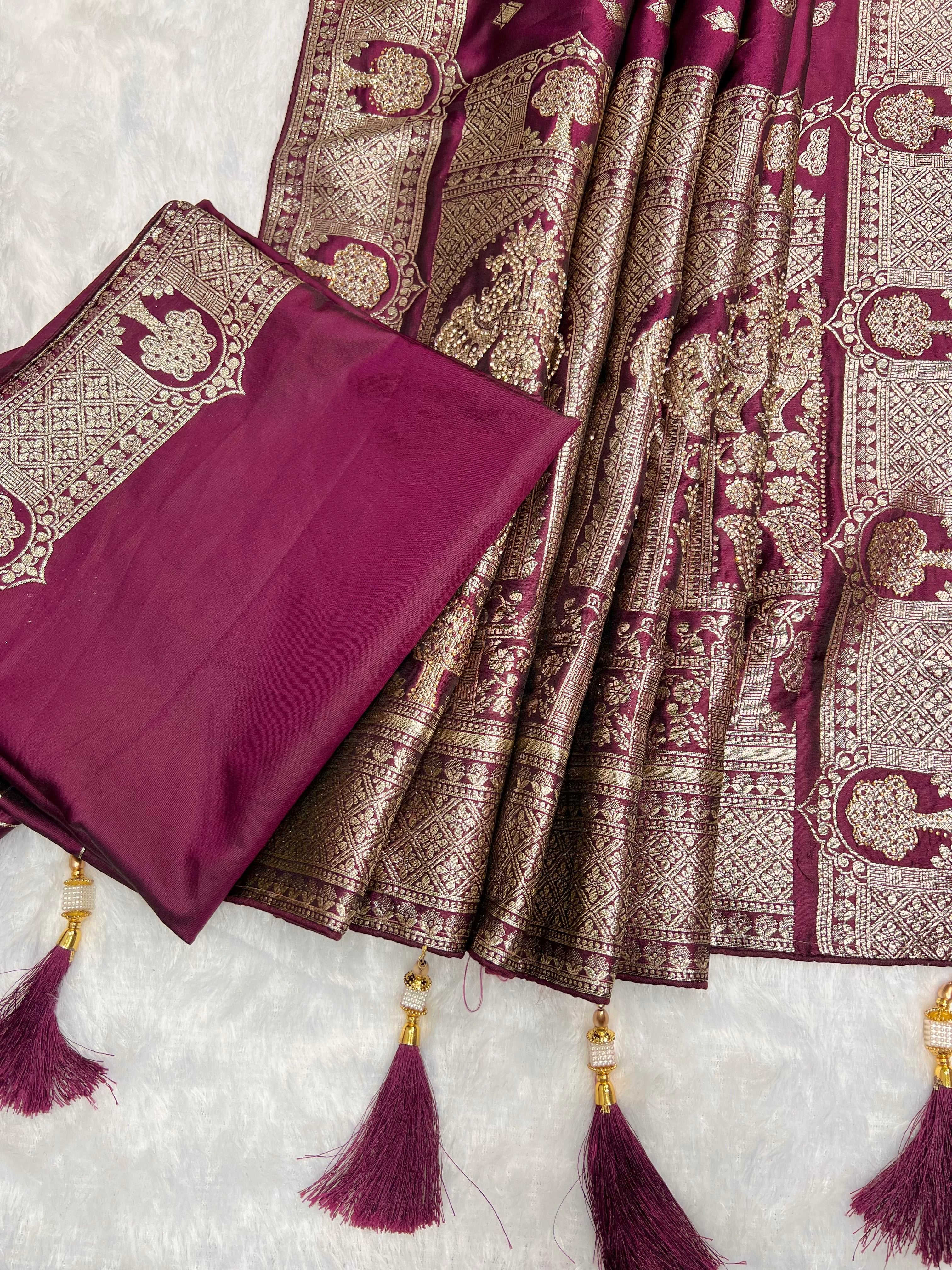 Amolika Wine Satin Zarkhan Saree With Swarovski Work & Rich Zari Border With Unstitched Blouse Piece – Wedding Wear