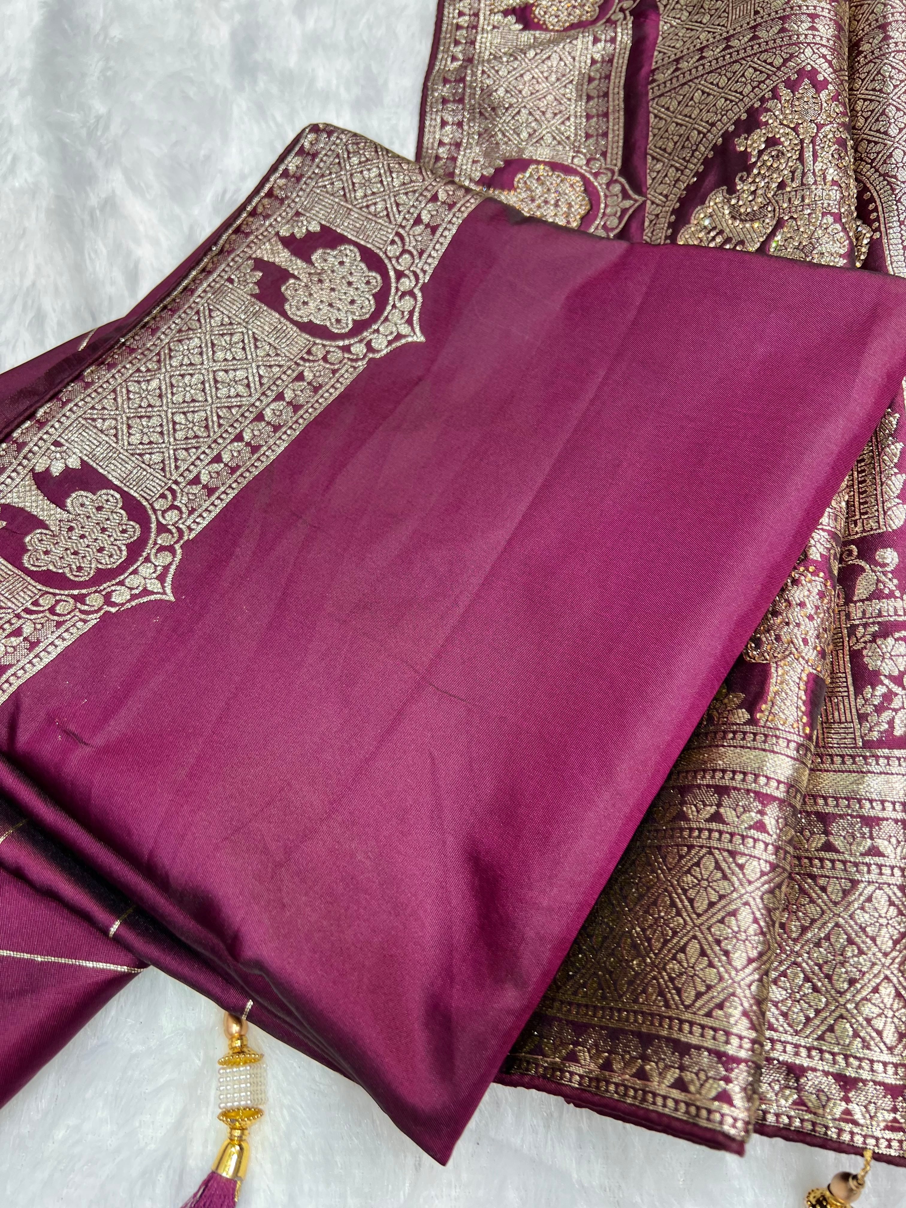 Amolika Wine Satin Zarkhan Saree With Swarovski Work & Rich Zari Border With Unstitched Blouse Piece – Wedding Wear