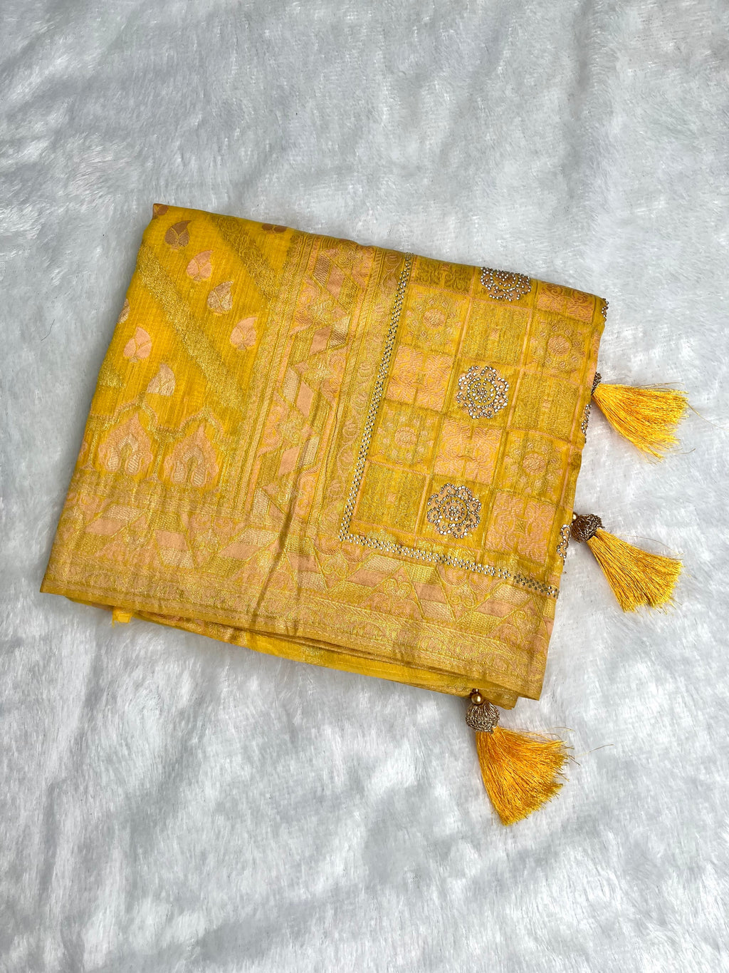 Amolika Banarasi Haldi Wear Yellow Cotton Saree With Unstitched Blouse & Rich Zari Weaving & Tassels