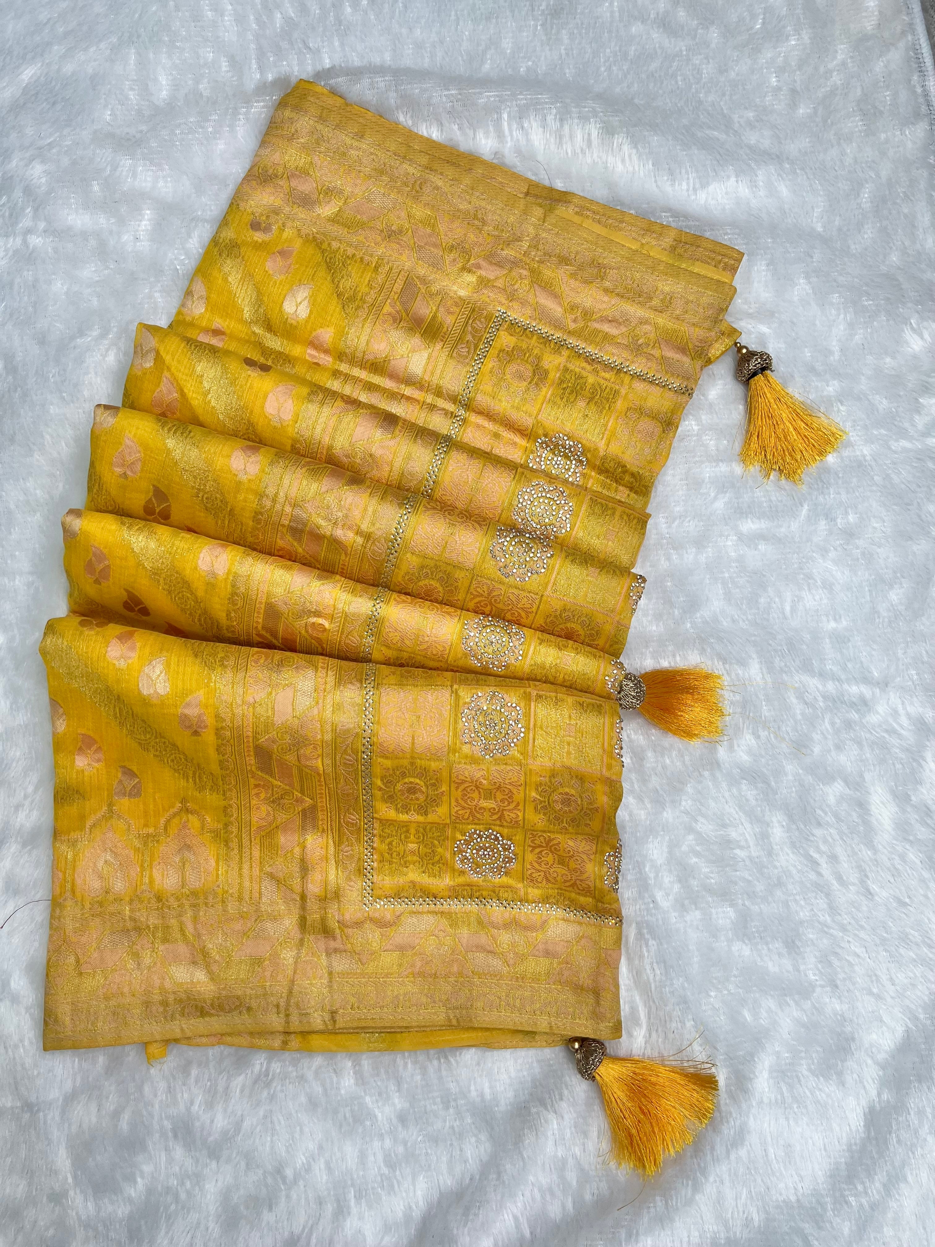 Amolika Banarasi Haldi Wear Yellow Cotton Saree With Unstitched Blouse & Rich Zari Weaving & Tassels