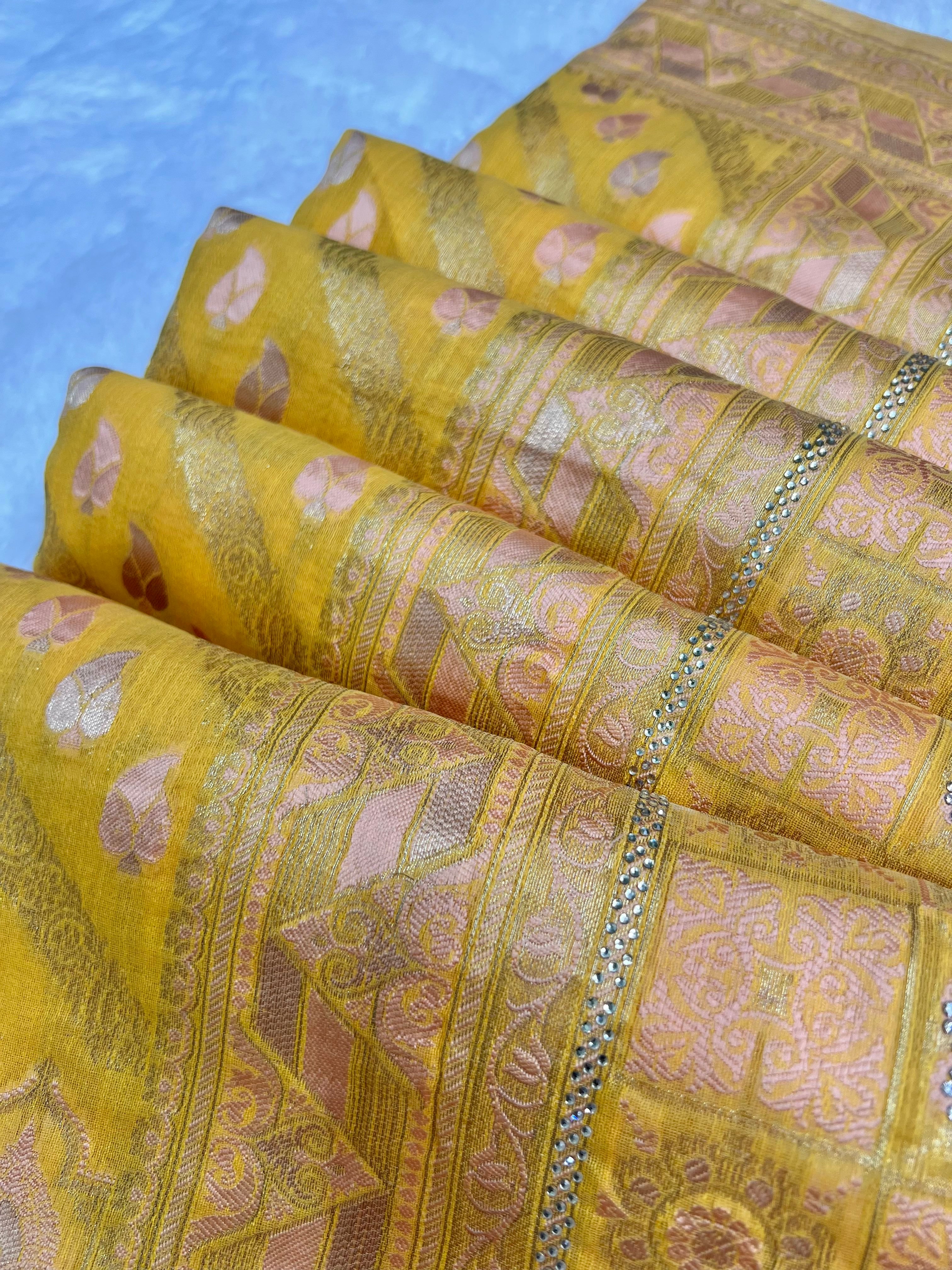 Amolika Banarasi Haldi Wear Yellow Cotton Saree With Unstitched Blouse & Rich Zari Weaving & Tassels