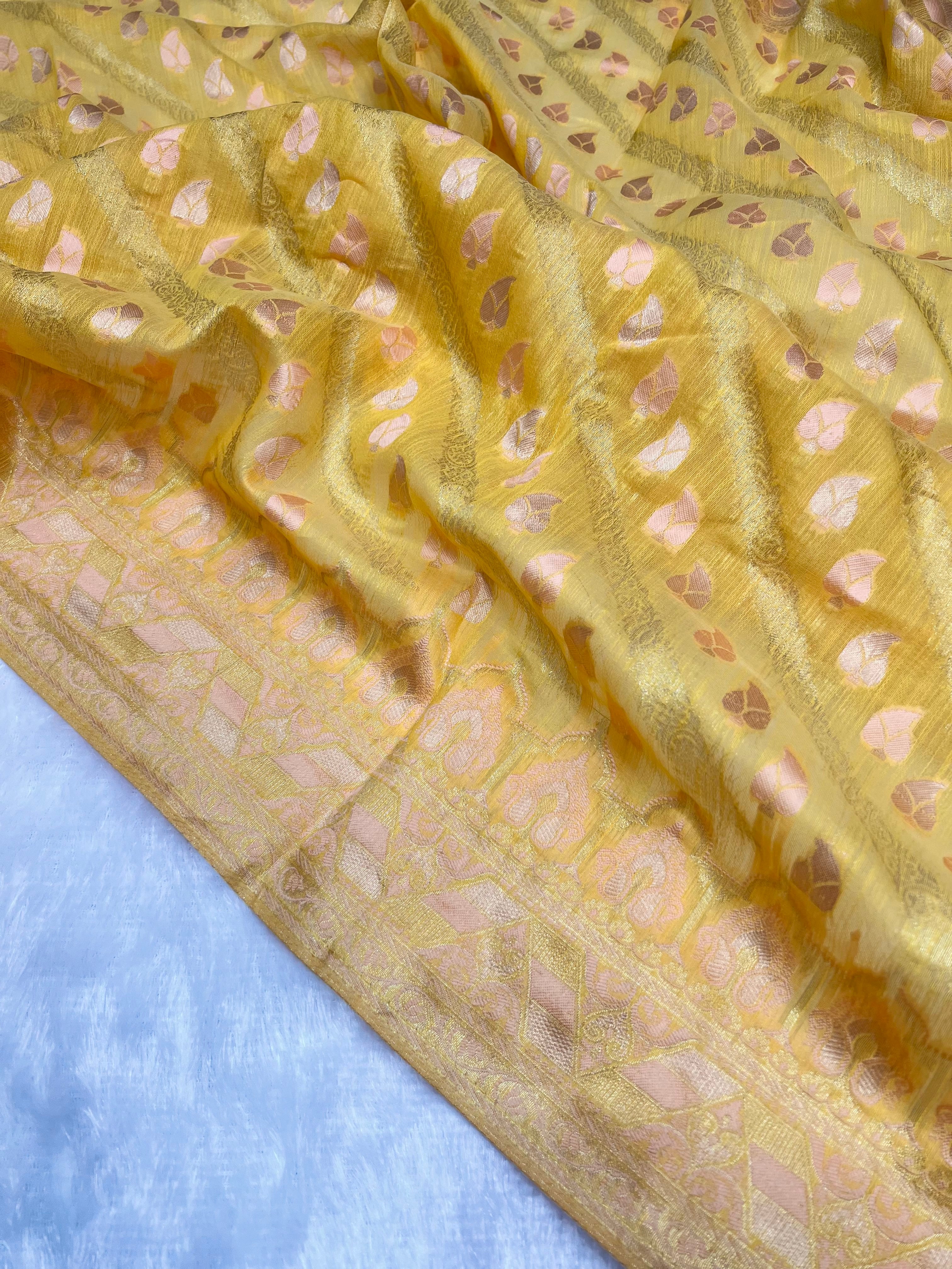 Amolika Banarasi Haldi Wear Yellow Cotton Saree With Unstitched Blouse & Rich Zari Weaving & Tassels