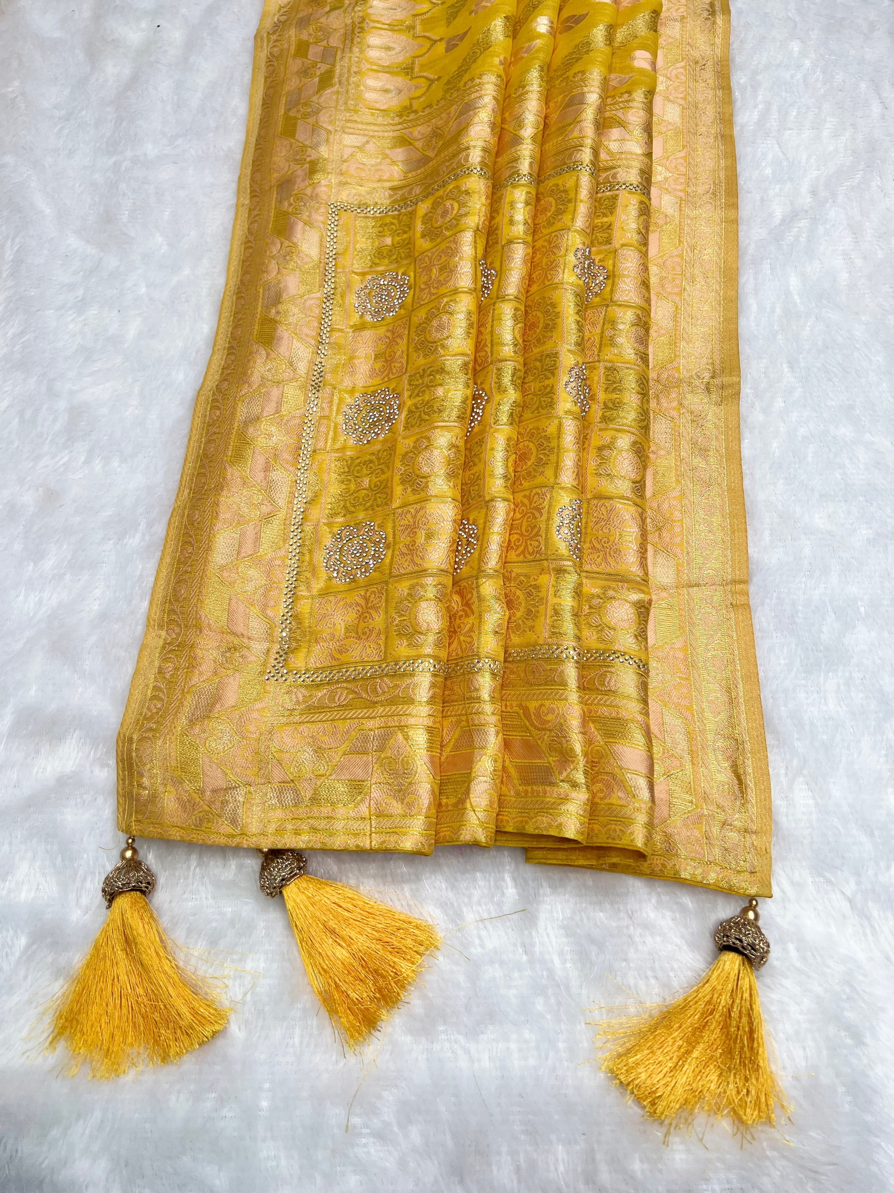Amolika Banarasi Haldi Wear Yellow Cotton Saree With Unstitched Blouse & Rich Zari Weaving & Tassels
