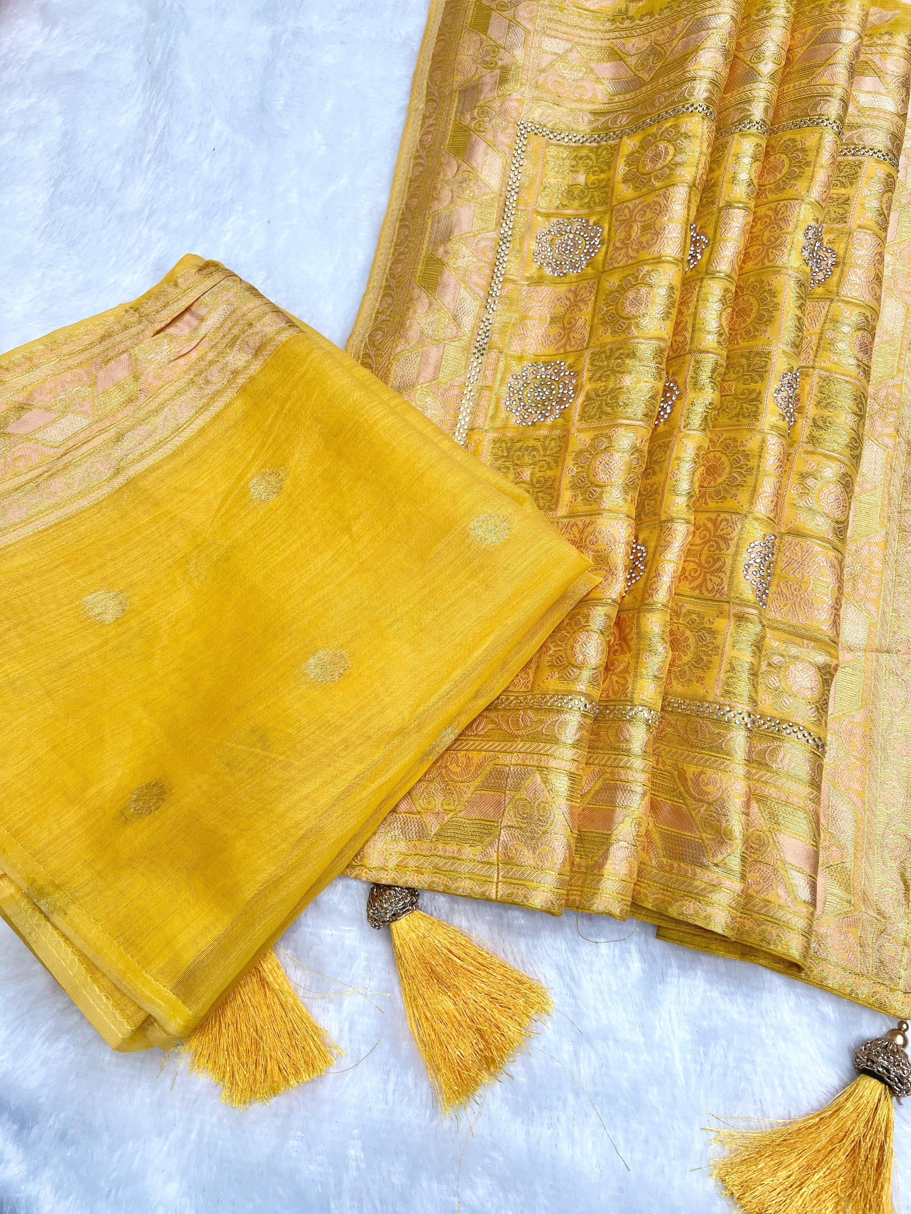 Amolika Banarasi Haldi Wear Yellow Cotton Saree With Unstitched Blouse & Rich Zari Weaving & Tassels