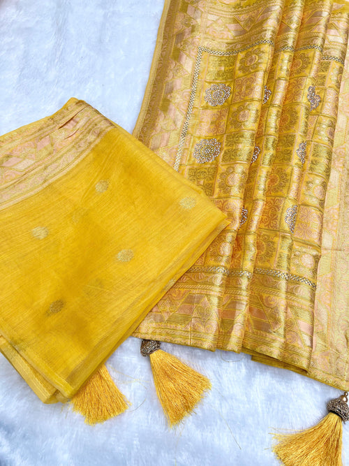 Amolika Banarasi Haldi Wear Yellow Cotton Saree With Unstitched Blouse & Rich Zari Weaving & Tassels
