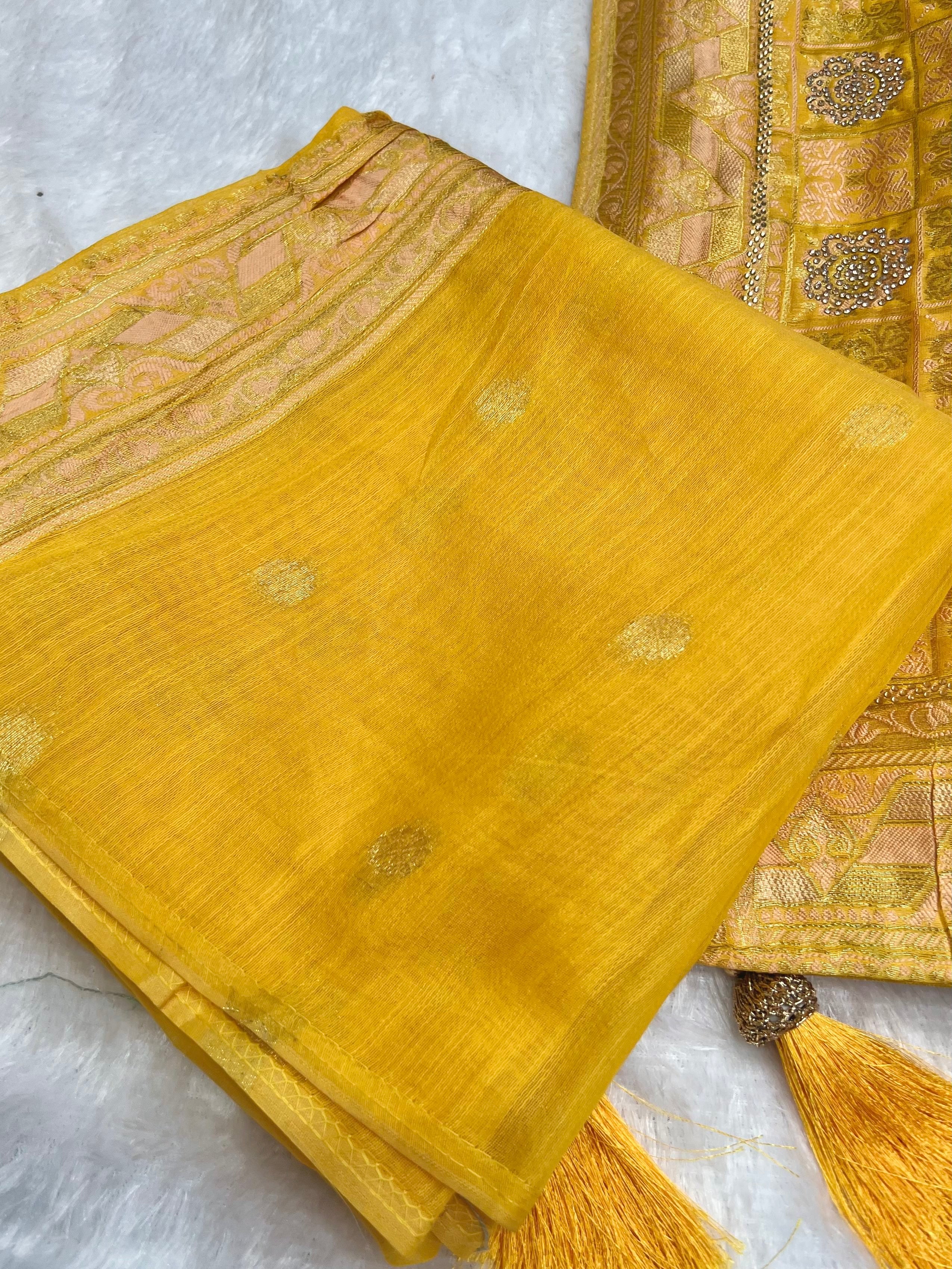 Amolika Banarasi Haldi Wear Yellow Cotton Saree With Unstitched Blouse & Rich Zari Weaving & Tassels