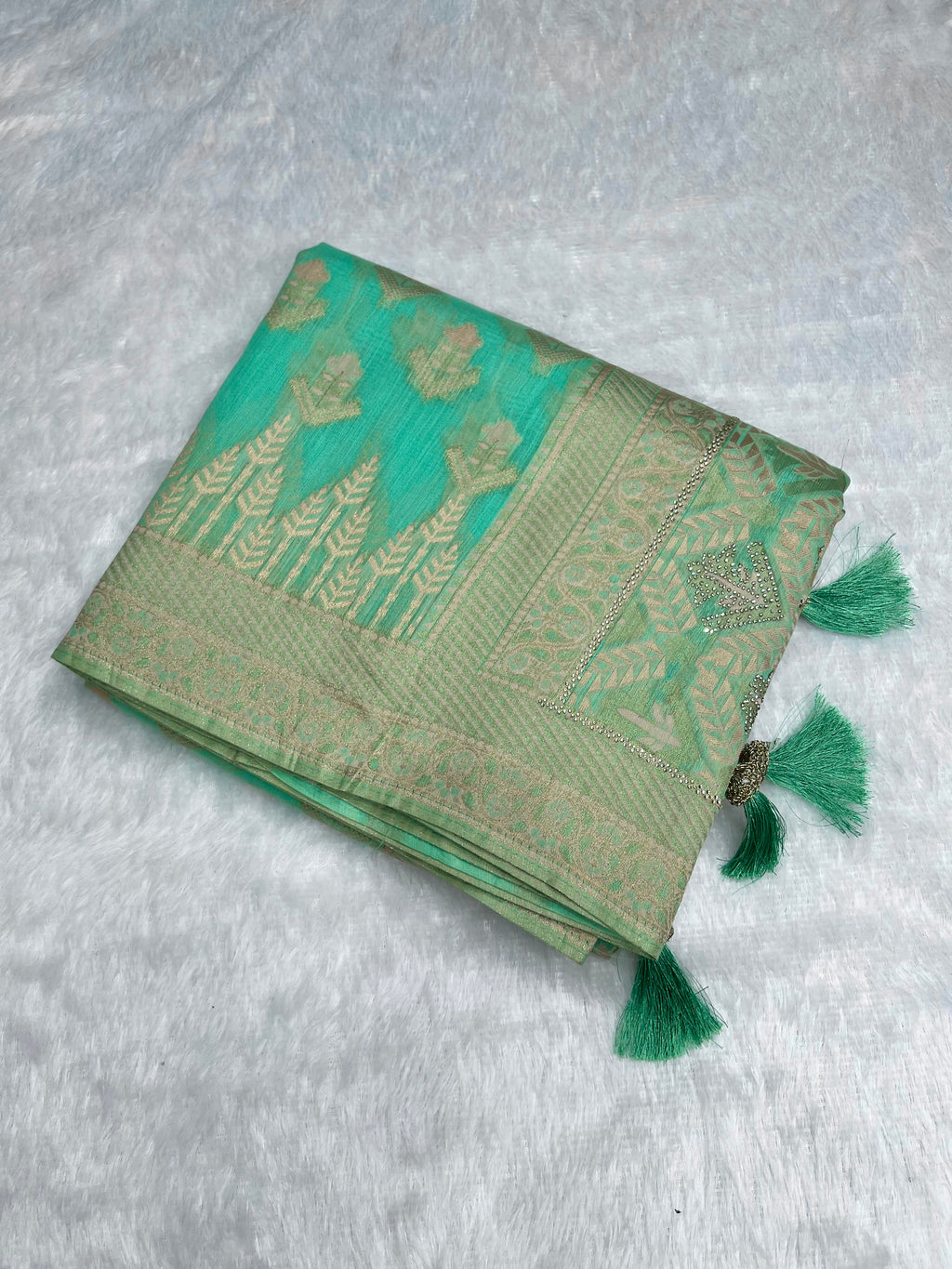 Amolika Cotton Zarkhan Saree With Swarovski Work & Rich Zari Border With Unstitched Blouse Piece – Sea Green
