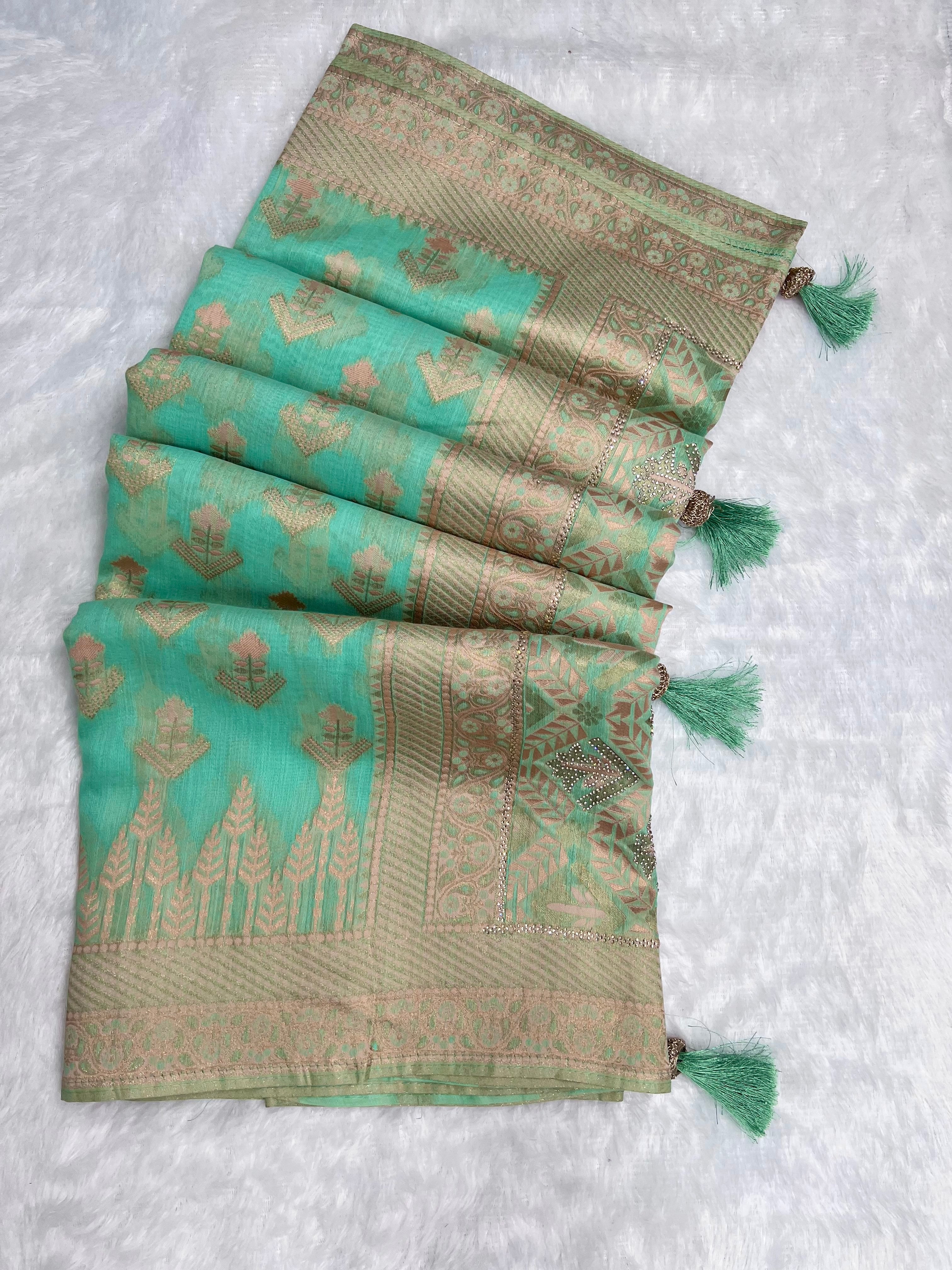 Amolika Cotton Zarkhan Saree With Swarovski Work & Rich Zari Border With Unstitched Blouse Piece – Sea Green
