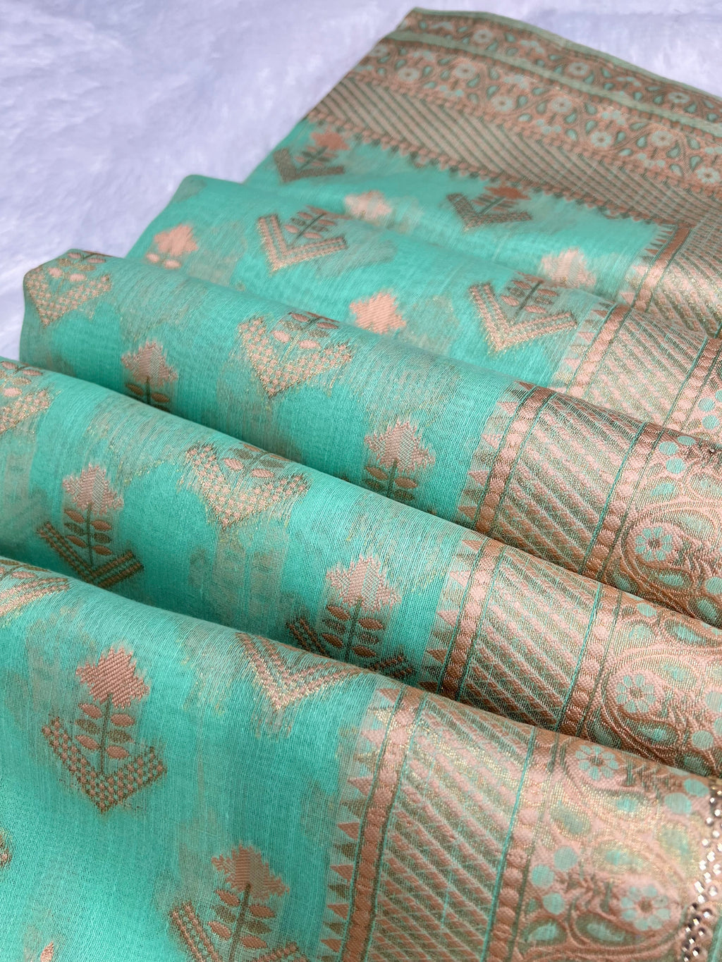 Amolika Cotton Zarkhan Saree With Swarovski Work & Rich Zari Border With Unstitched Blouse Piece – Sea Green