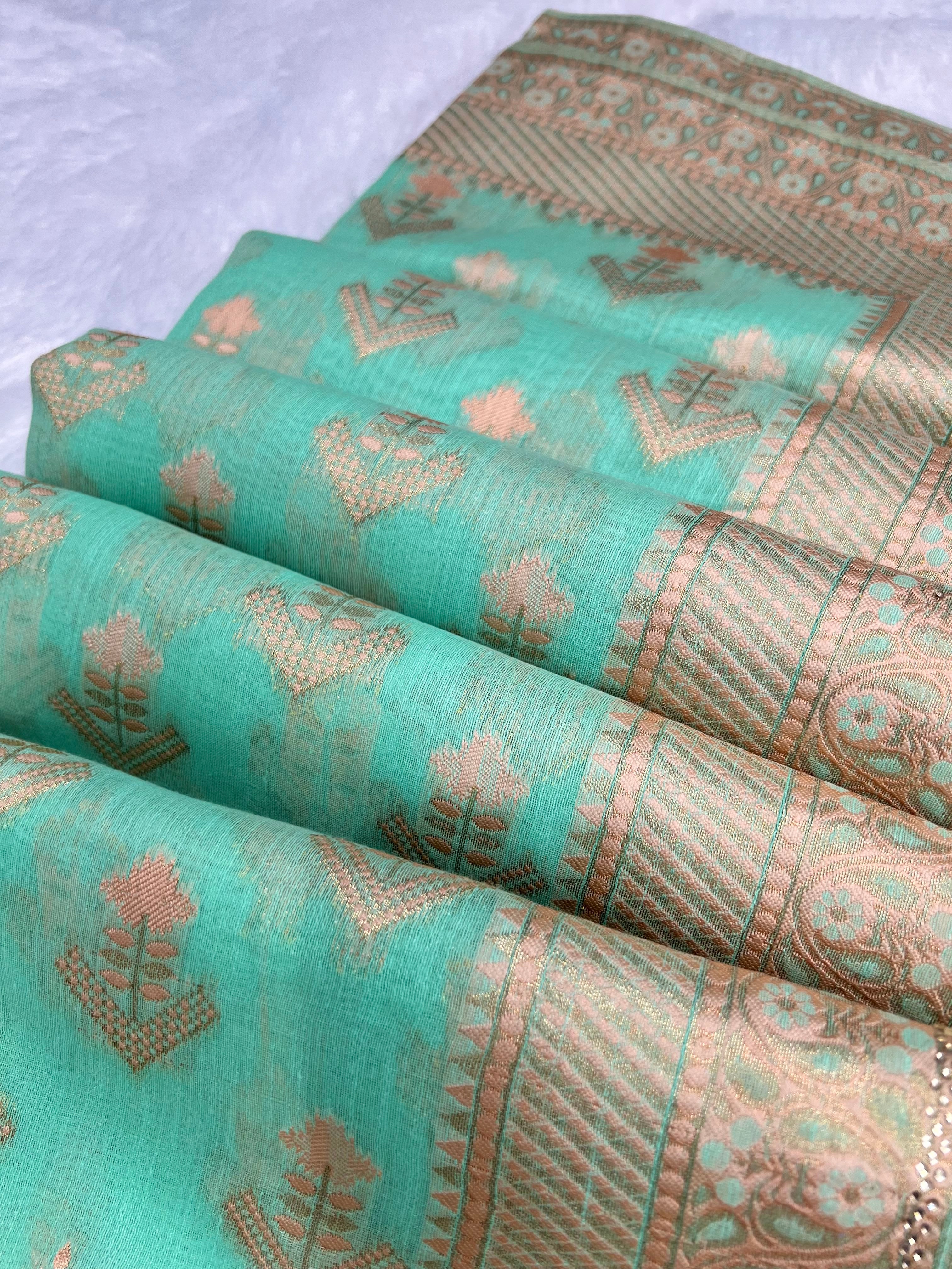 Amolika Cotton Zarkhan Saree With Swarovski Work & Rich Zari Border With Unstitched Blouse Piece – Sea Green