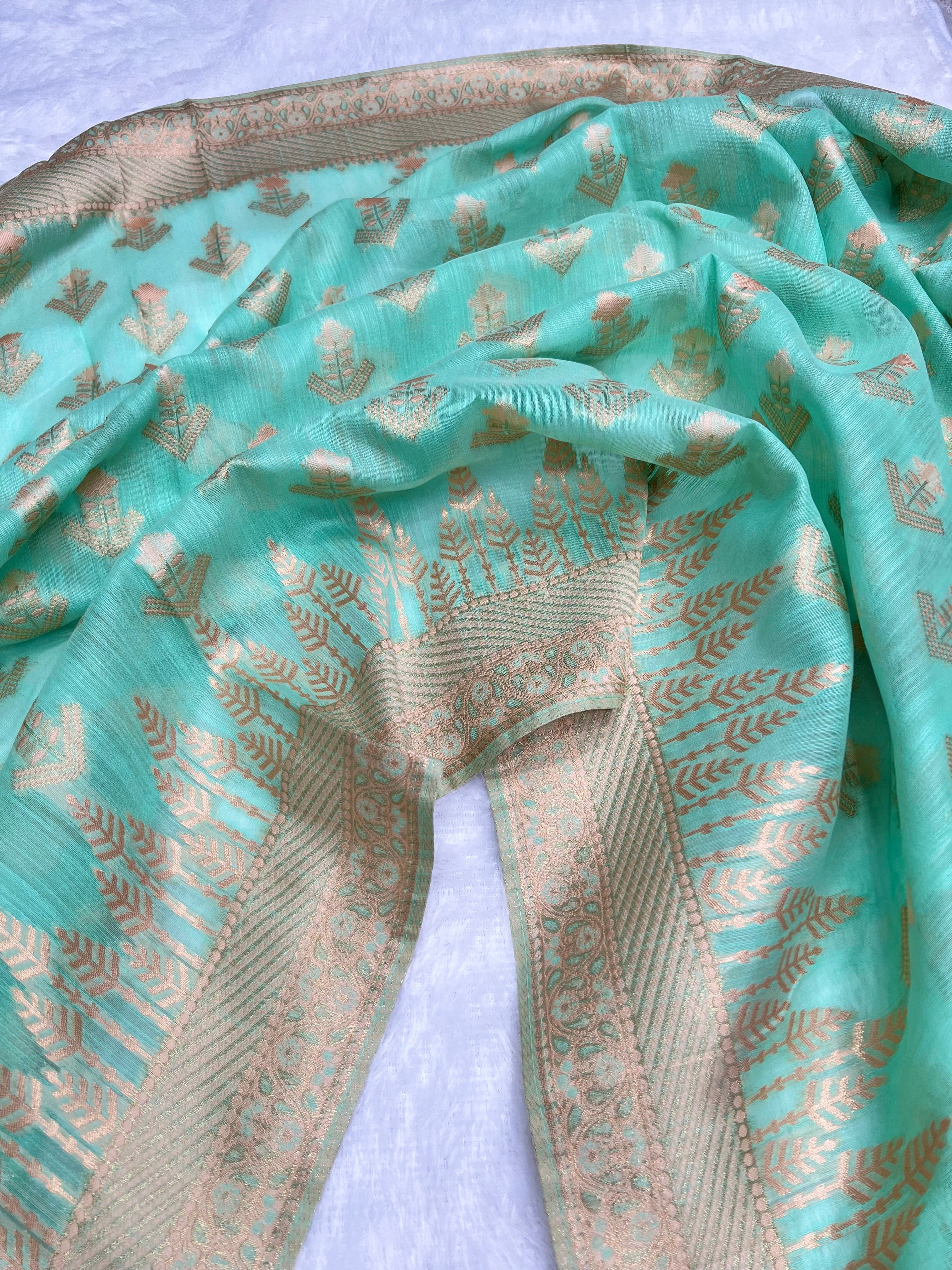 Amolika Cotton Zarkhan Saree With Swarovski Work & Rich Zari Border With Unstitched Blouse Piece – Sea Green