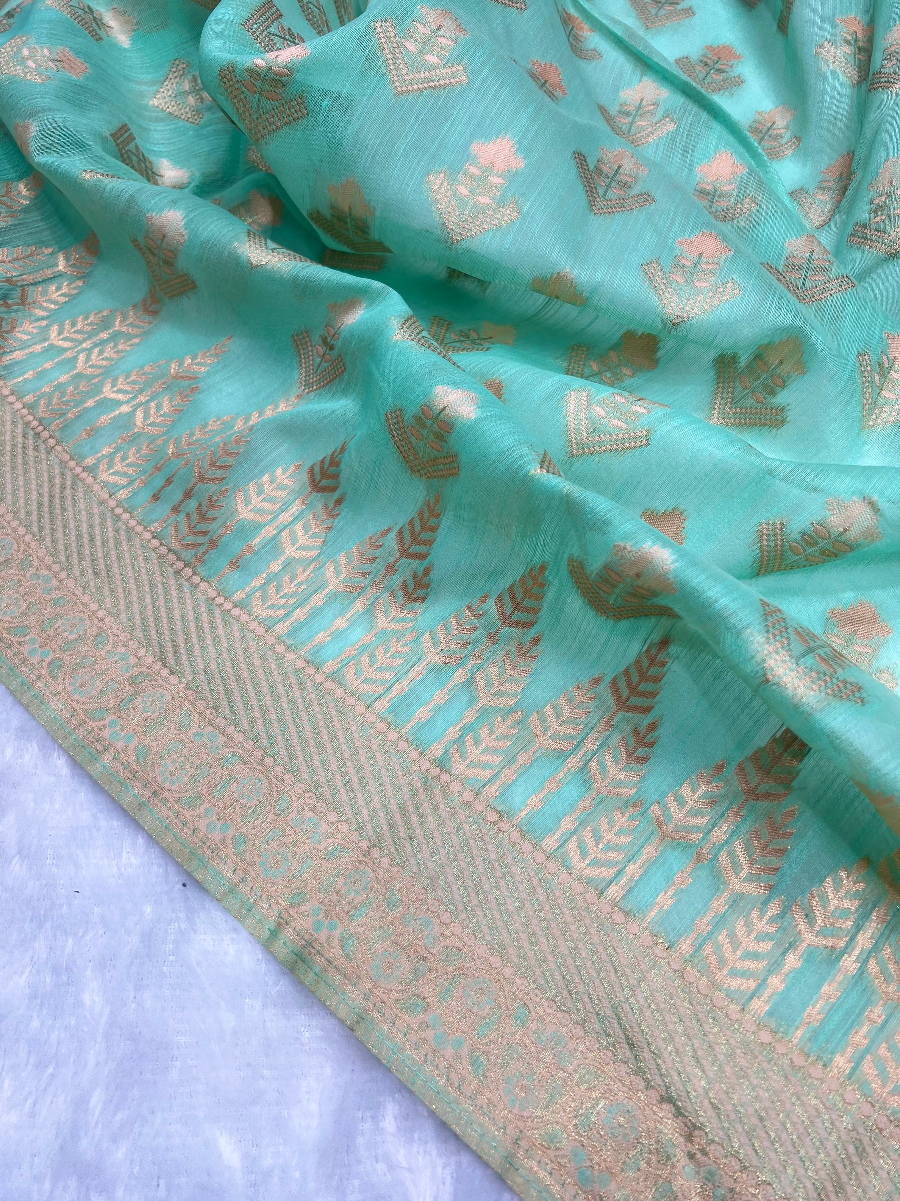 Amolika Cotton Zarkhan Saree With Swarovski Work & Rich Zari Border With Unstitched Blouse Piece – Sea Green