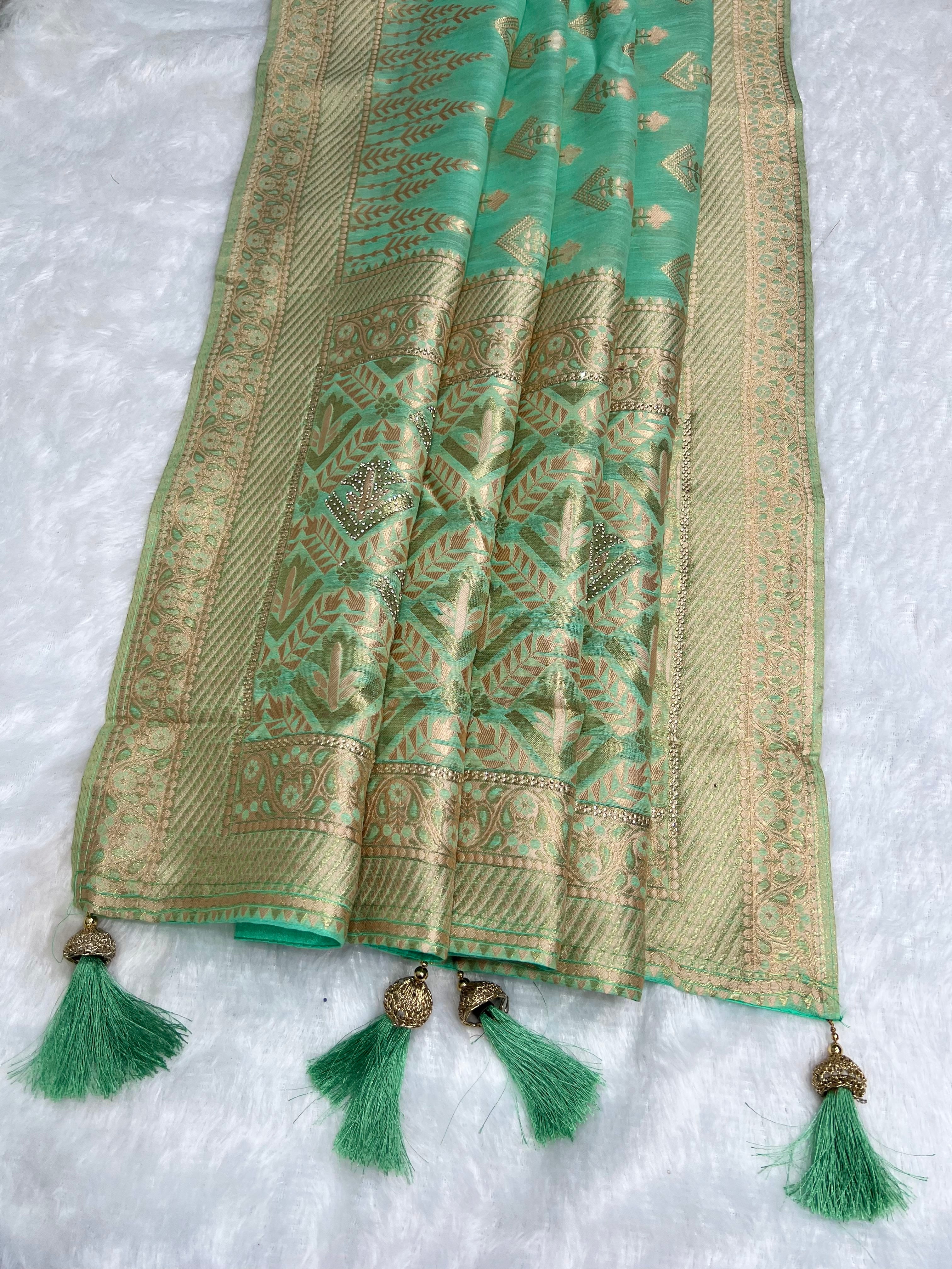Amolika Cotton Zarkhan Saree With Swarovski Work & Rich Zari Border With Unstitched Blouse Piece – Sea Green