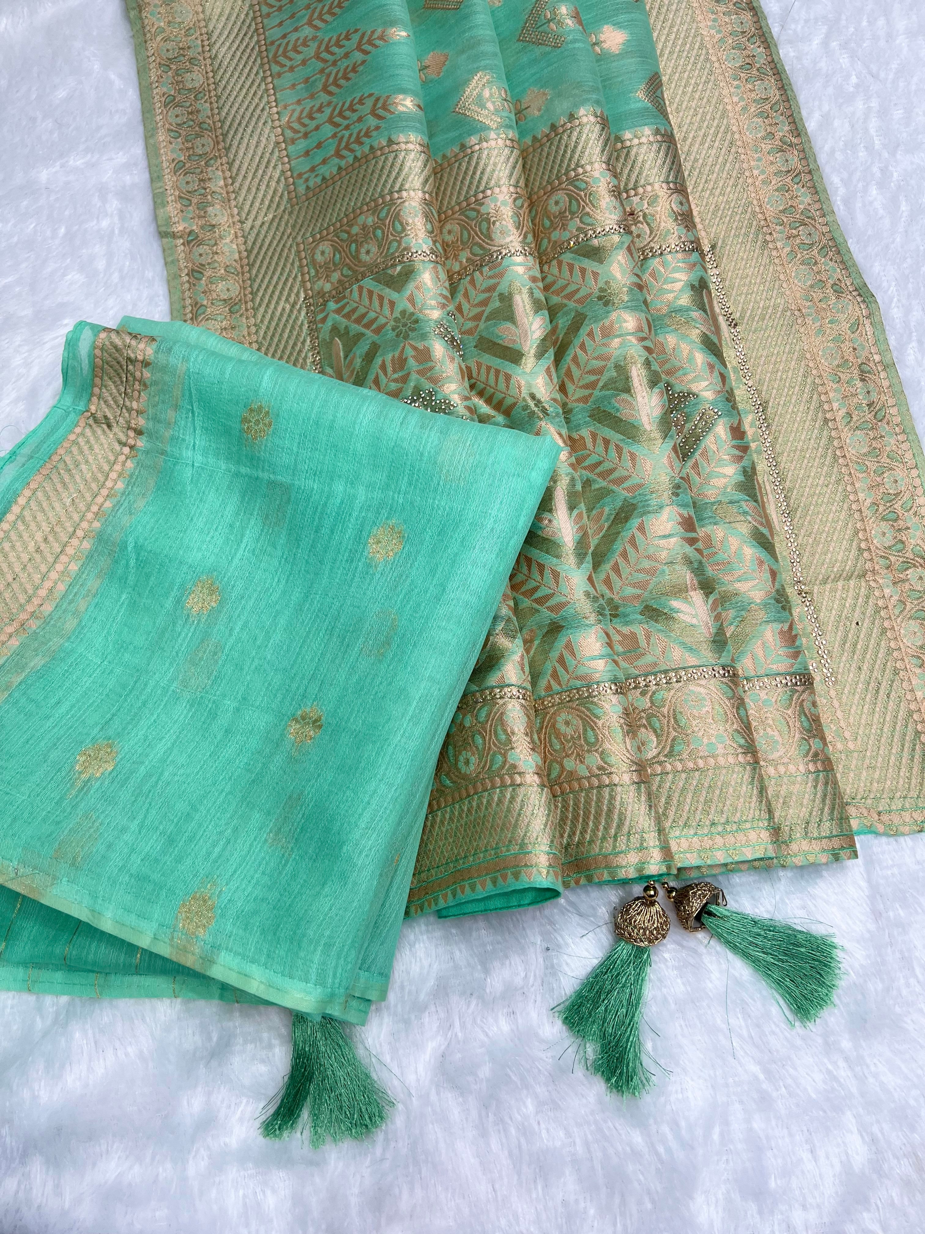 Amolika Cotton Zarkhan Saree With Swarovski Work & Rich Zari Border With Unstitched Blouse Piece – Sea Green