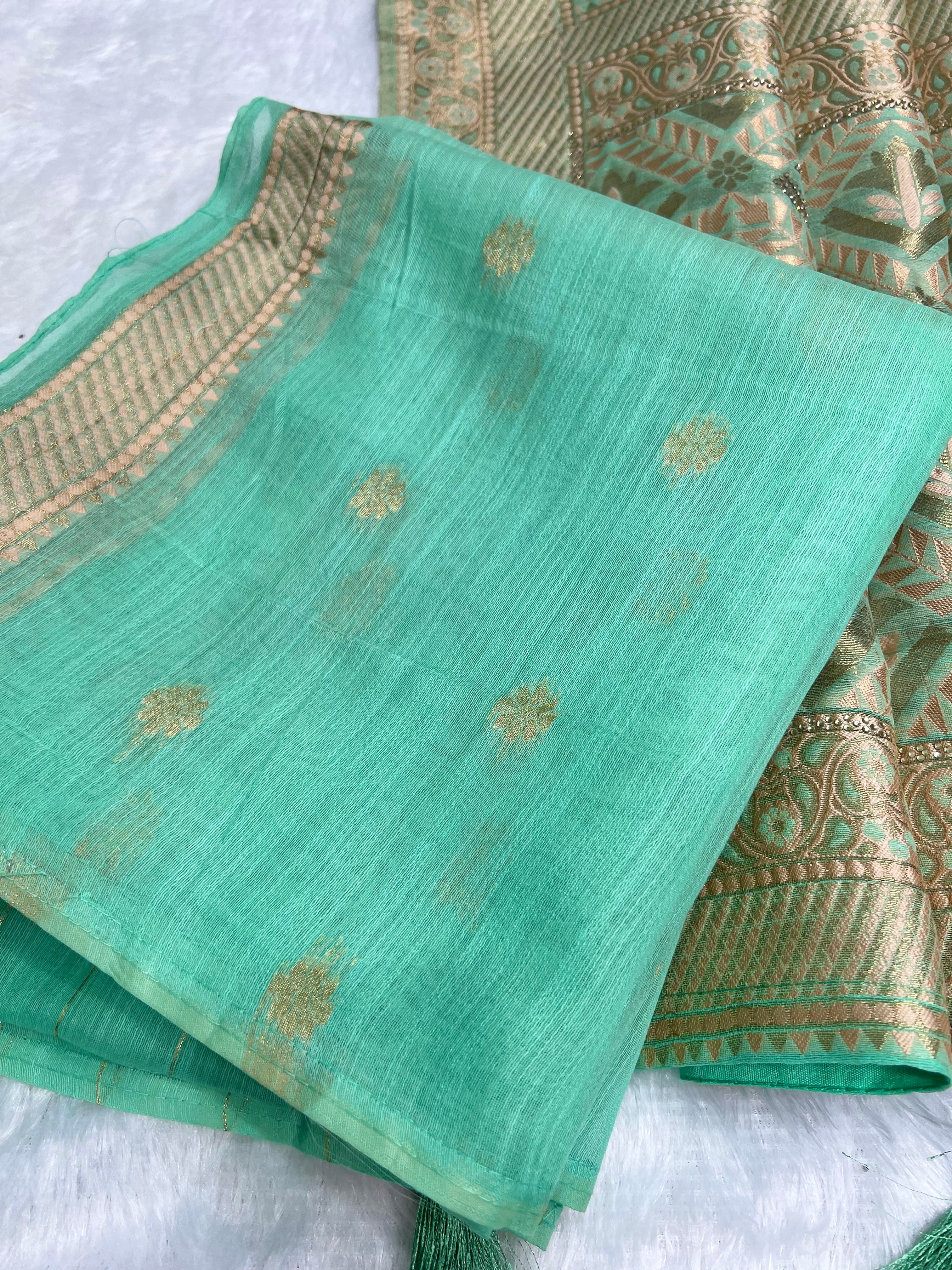 Amolika Cotton Zarkhan Saree With Swarovski Work & Rich Zari Border With Unstitched Blouse Piece – Sea Green