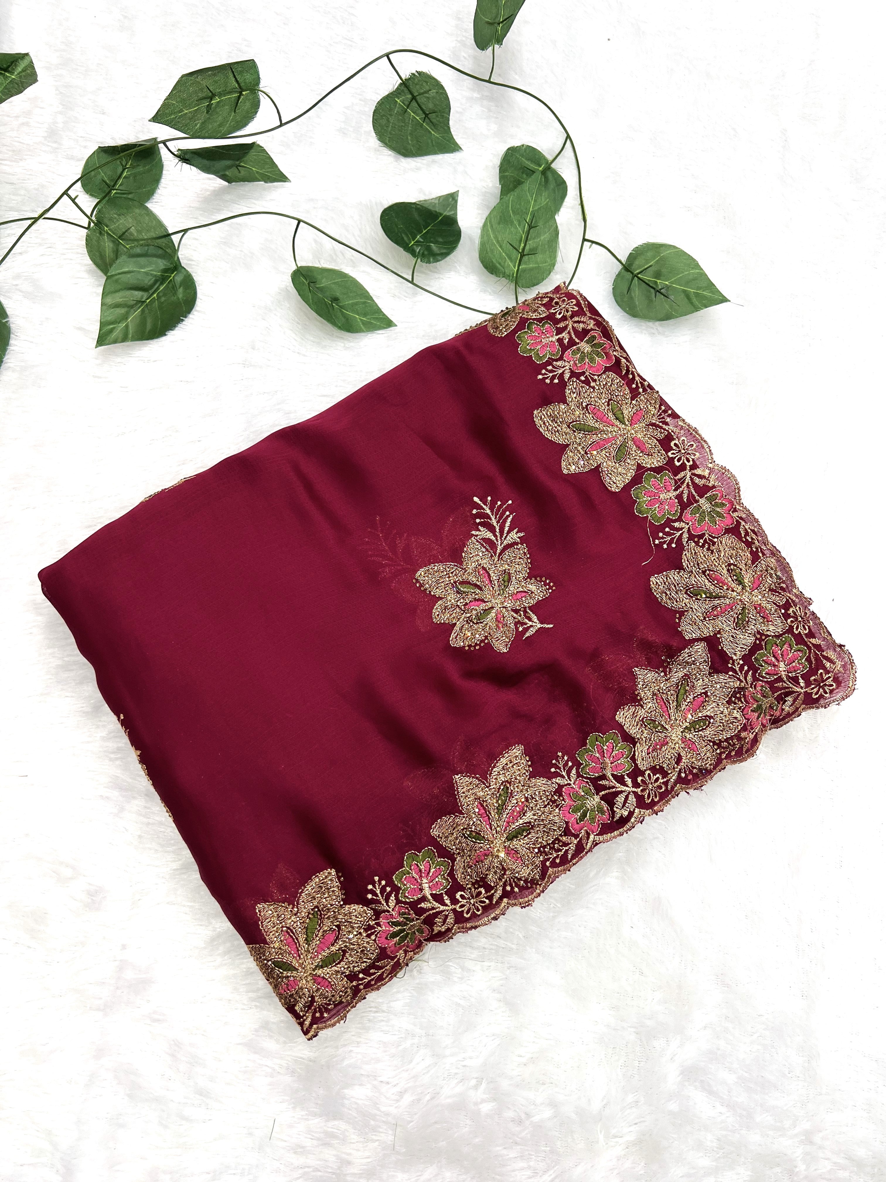 Amolika Sarees Wine Fancy Chiffon Saree With Heavy Embroidered Floral Border & Unstitched Blouse Piece