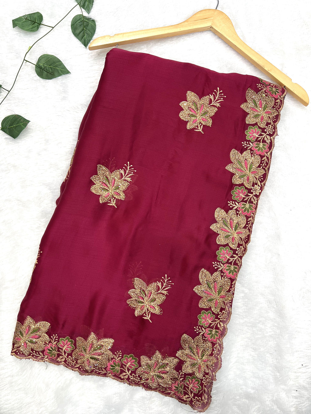 Amolika Sarees Wine Fancy Chiffon Saree With Heavy Embroidered Floral Border & Unstitched Blouse Piece