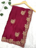 Amolika Sarees Wine Fancy Chiffon Saree With Heavy Embroidered Floral Border & Unstitched Blouse Piece