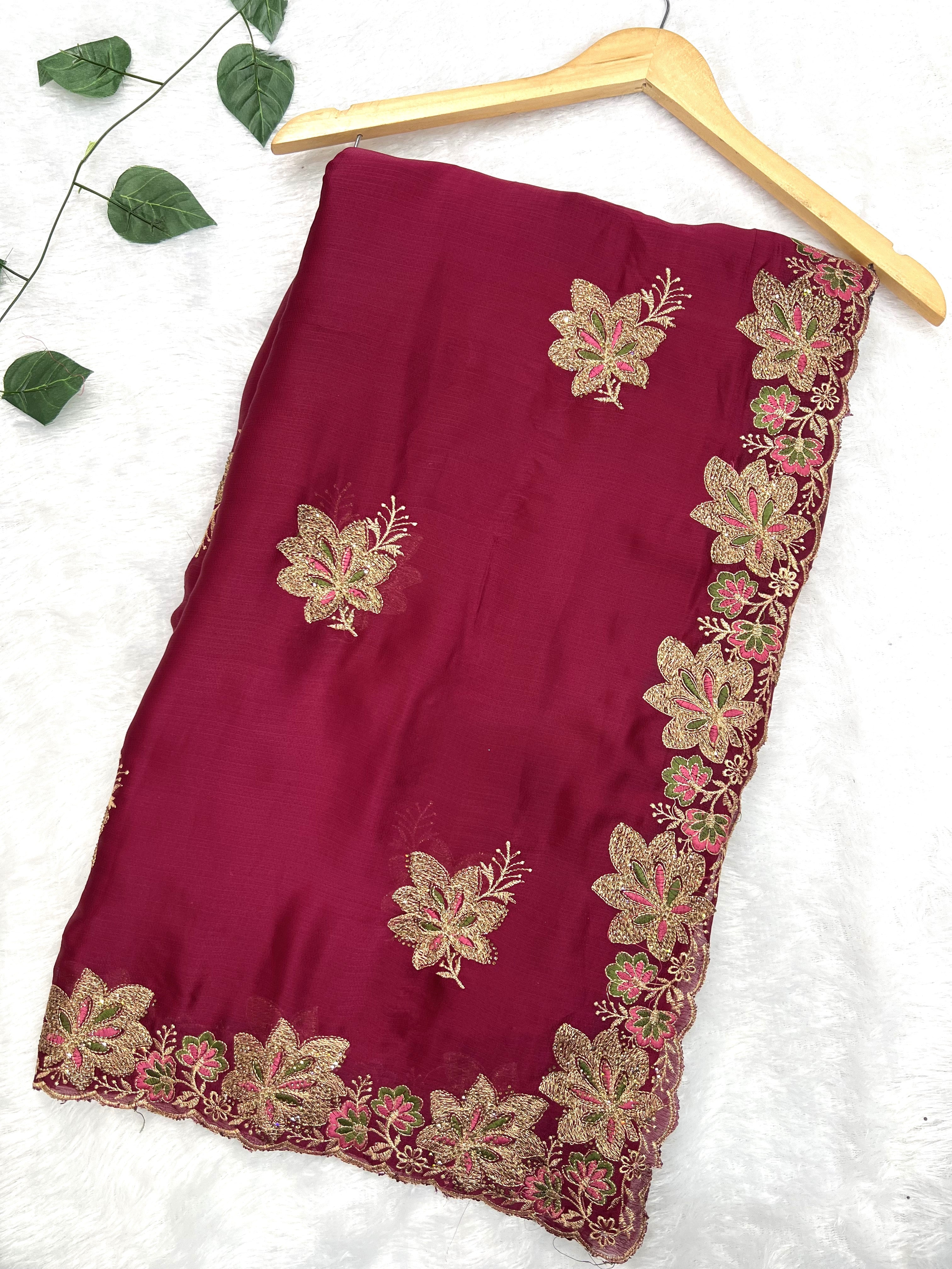 Amolika Sarees Wine Fancy Chiffon Saree With Heavy Embroidered Floral Border & Unstitched Blouse Piece