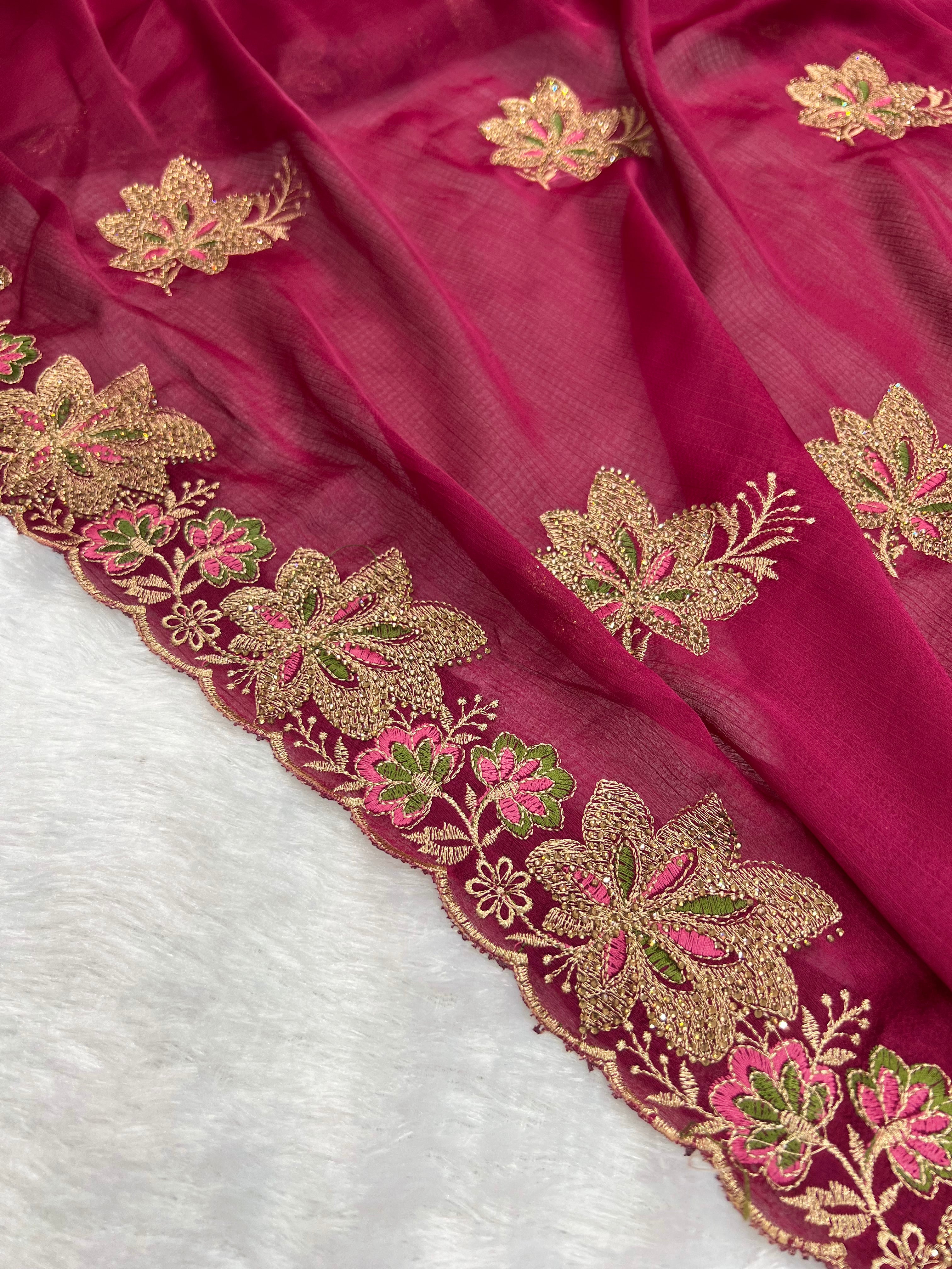 Amolika Sarees Wine Fancy Chiffon Saree With Heavy Embroidered Floral Border & Unstitched Blouse Piece
